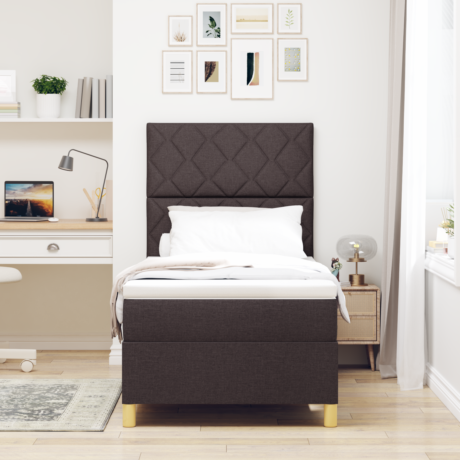 vidaXL Pat cu arcuri cu saltea Maro închis 90 x 200 cm țesătură vidaXL Pat cu arcuri cu saltea Maro închis 90 x 200 cm țesătură