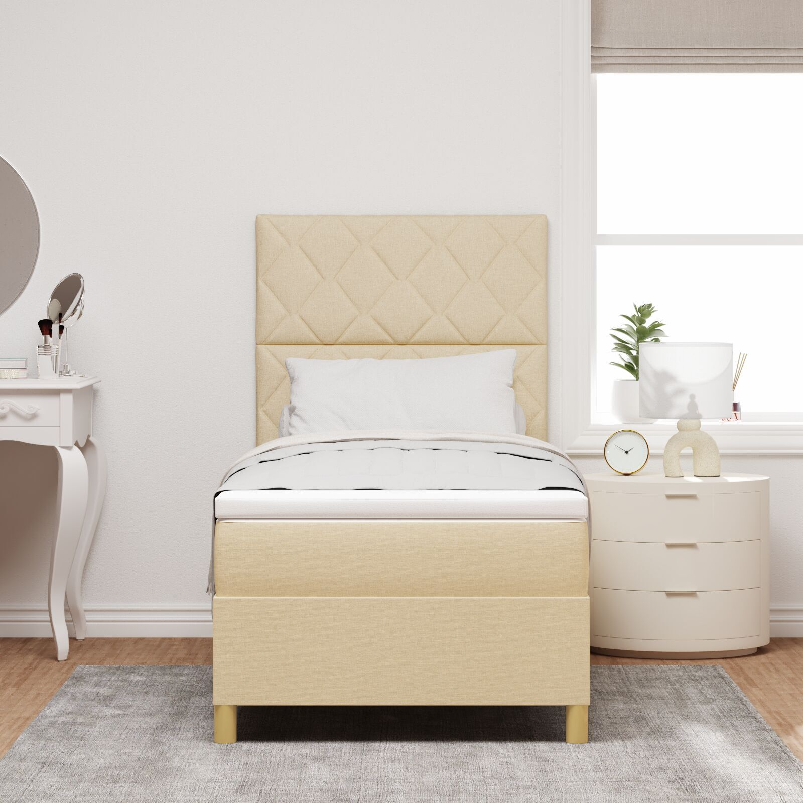 vidaXL Pat cu arcuri cu saltea cu headboard Crem 100 x 200 cm țesătură vidaXL Pat cu arcuri cu saltea cu headboard Crem 100 x 200 cm țesătură