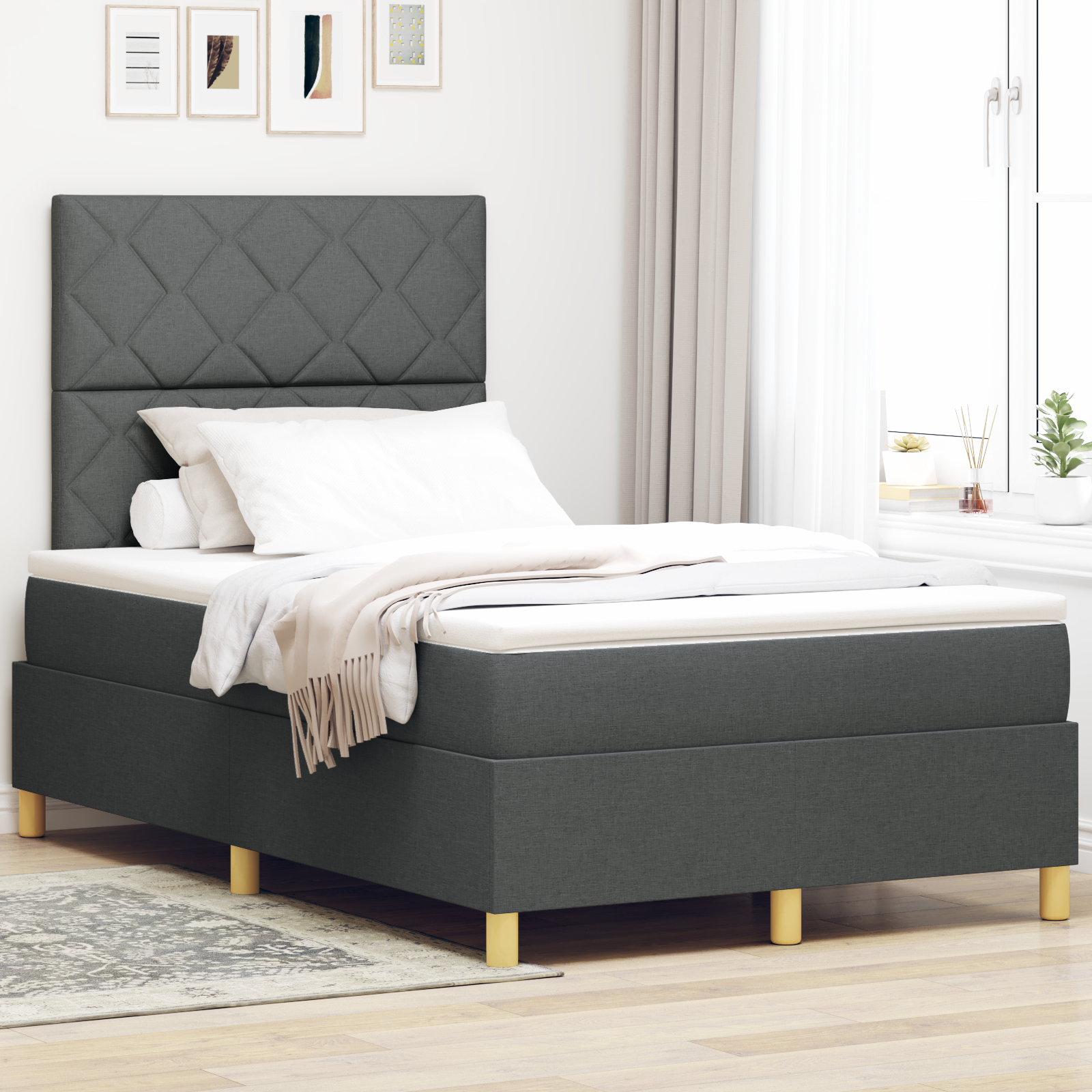 vidaXL Pat cu arcuri cu saltea Gri închis 120 x 190 cm țesătură vidaXL Pat cu arcuri cu saltea Gri închis 120 x 190 cm țesătură