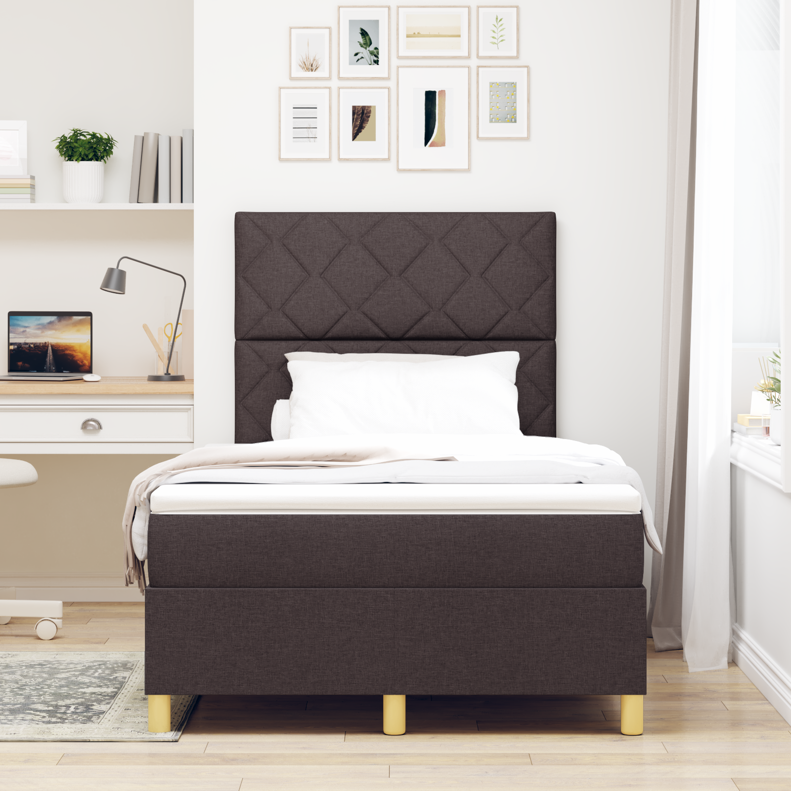 vidaXL Pat cu arcuri cu saltea Maro închis 120 x 200 cm țesătură vidaXL Pat cu arcuri cu saltea Maro închis 120 x 200 cm țesătură