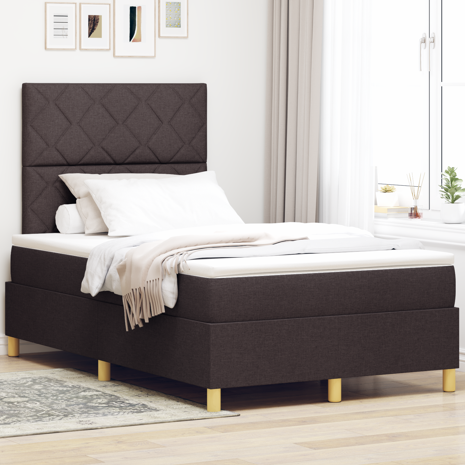 vidaXL Pat cu arcuri cu saltea Maro închis 120 x 200 cm țesătură vidaXL Pat cu arcuri cu saltea Maro închis 120 x 200 cm țesătură