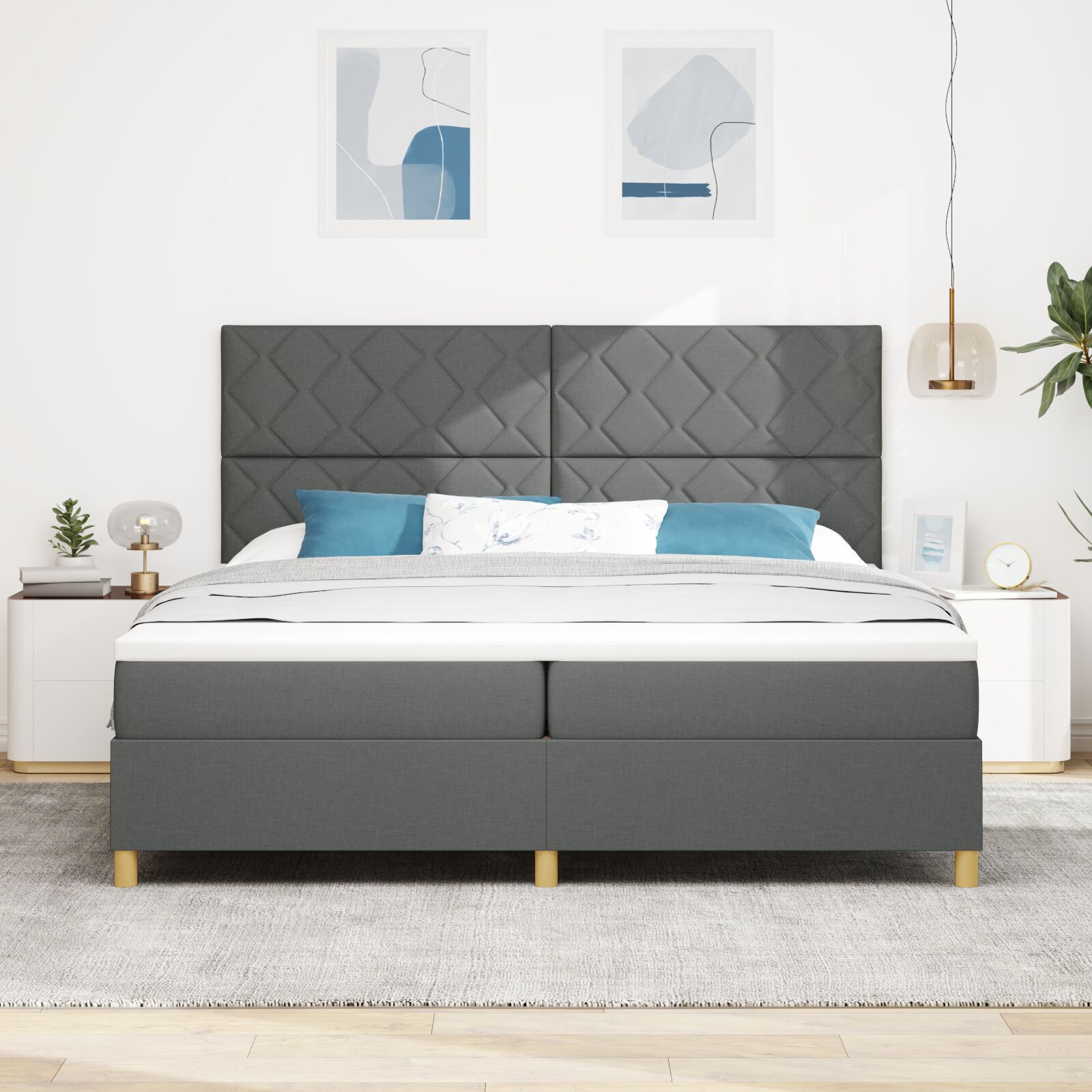 vidaXL Pat cu arcuri cu saltea Gri închis 200 x 200 cm țesătură vidaXL Pat cu arcuri cu saltea Gri închis 200 x 200 cm țesătură