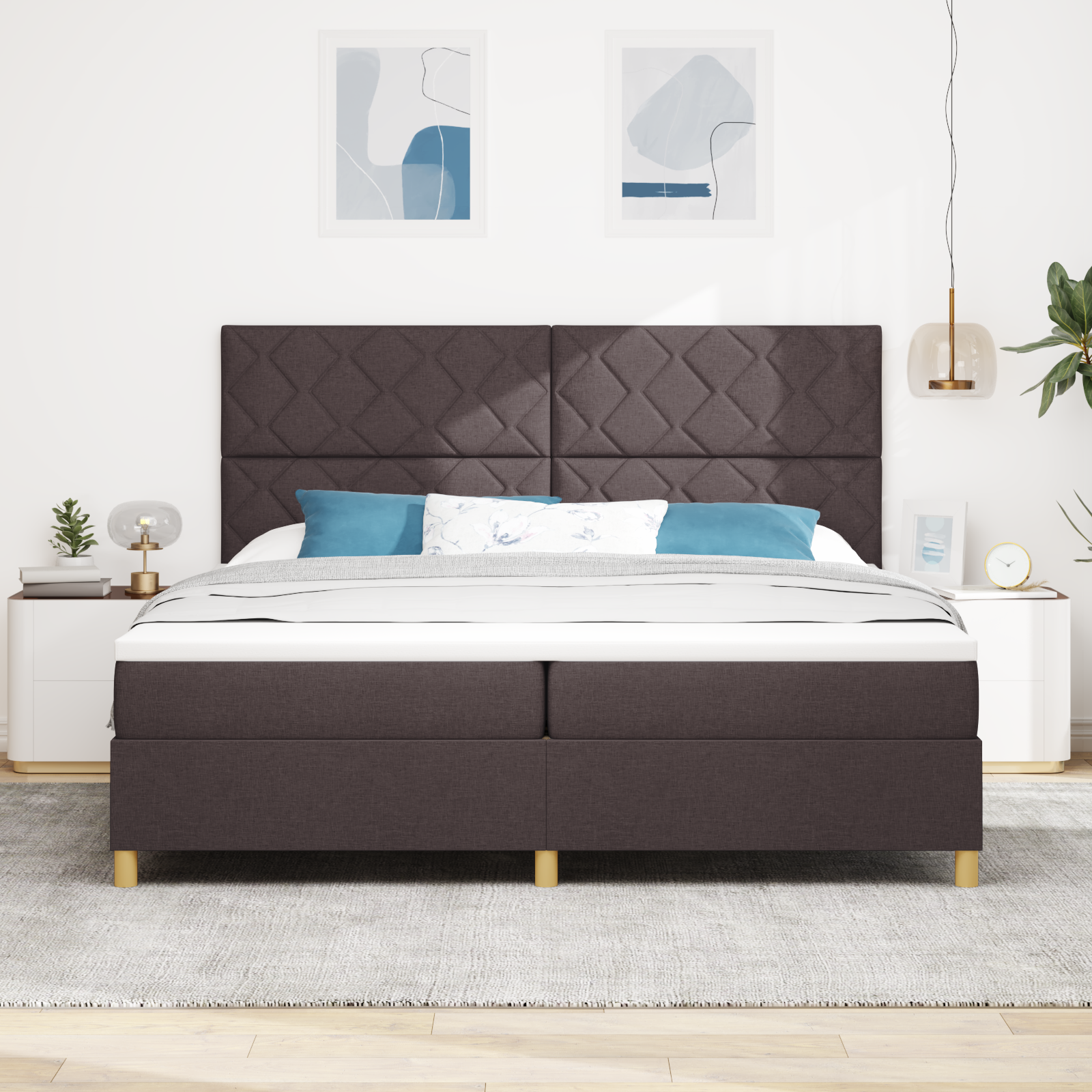 vidaXL Pat cu arcuri cu saltea Maro închis 200 x 200 cm țesătură vidaXL Pat cu arcuri cu saltea Maro închis 200 x 200 cm țesătură
