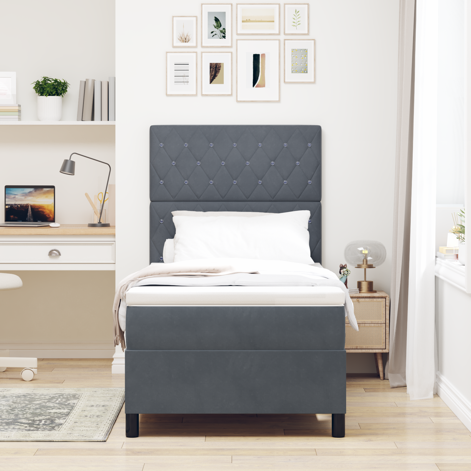 vidaXL Pat cu arcuri cu saltea Gri închis 90 x 190 cm Catifea vidaXL Pat cu arcuri cu saltea Gri închis 90 x 190 cm Catifea