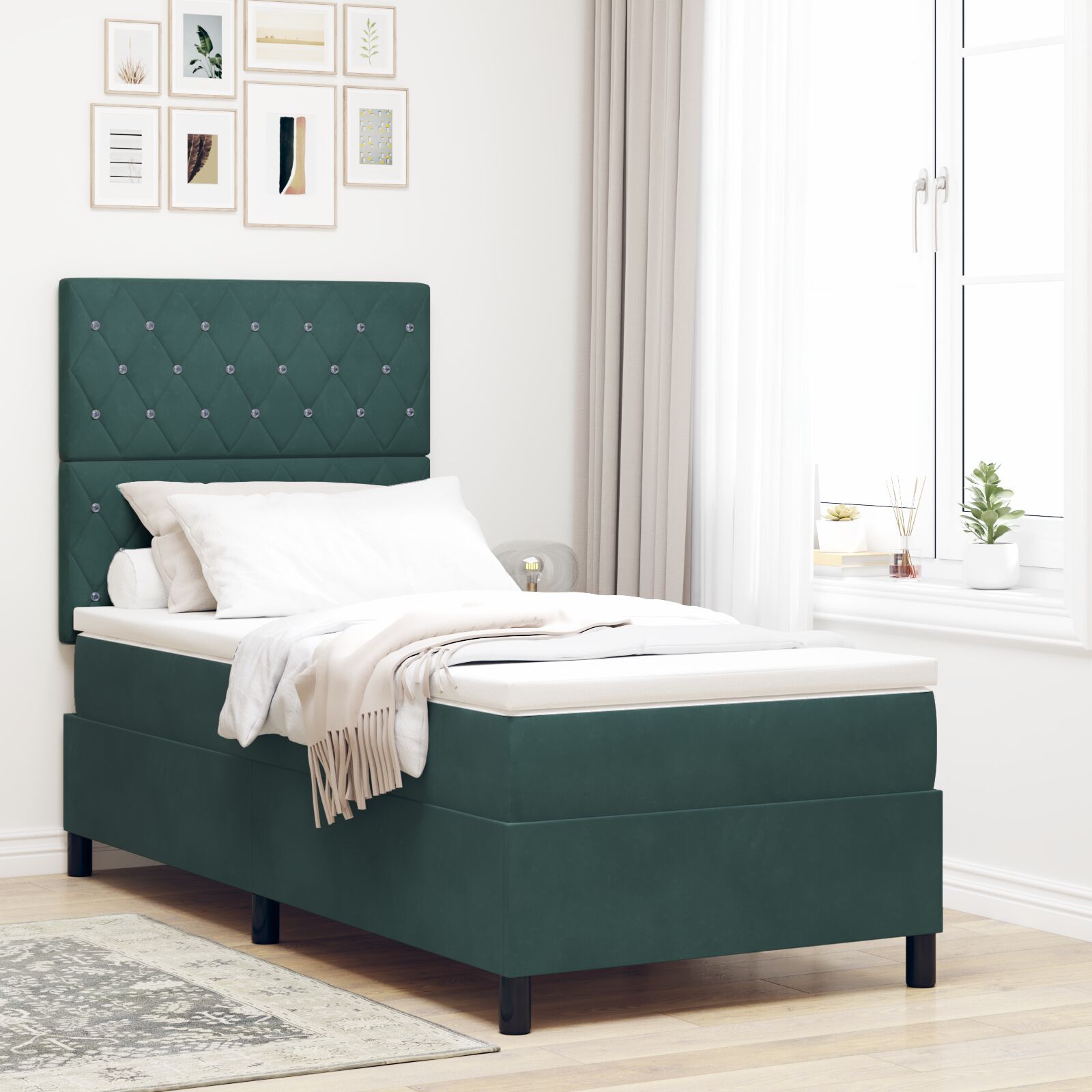 vidaXL Pat cu arcuri cu saltea Verde închis 90 x 190 cm Catifea vidaXL Pat cu arcuri cu saltea Verde închis 90 x 190 cm Catifea