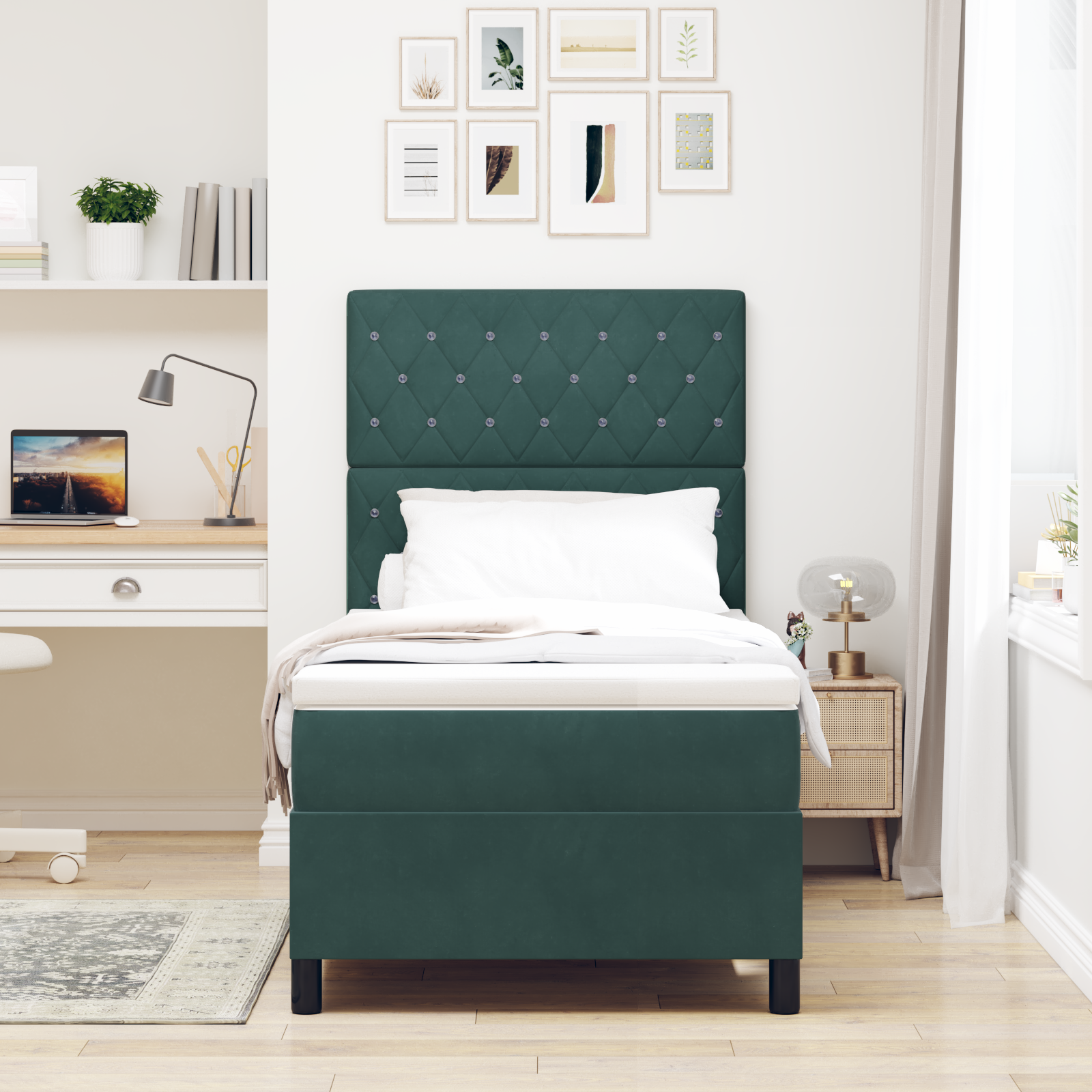 vidaXL Pat cu arcuri cu saltea Verde închis 90 x 200 cm Catifea vidaXL Pat cu arcuri cu saltea Verde închis 90 x 200 cm Catifea