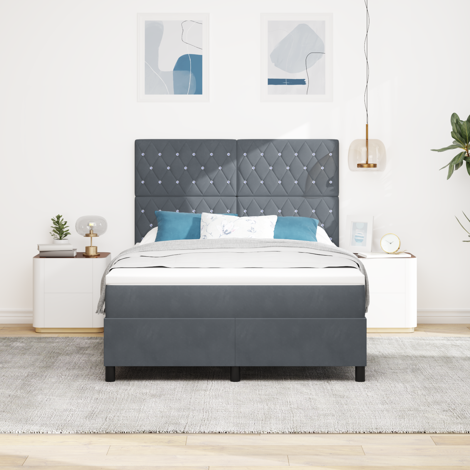 vidaXL Pat cu arcuri cu saltea Gri închis 140 x 200 cm Catifea vidaXL Pat cu arcuri cu saltea Gri închis 140 x 200 cm Catifea