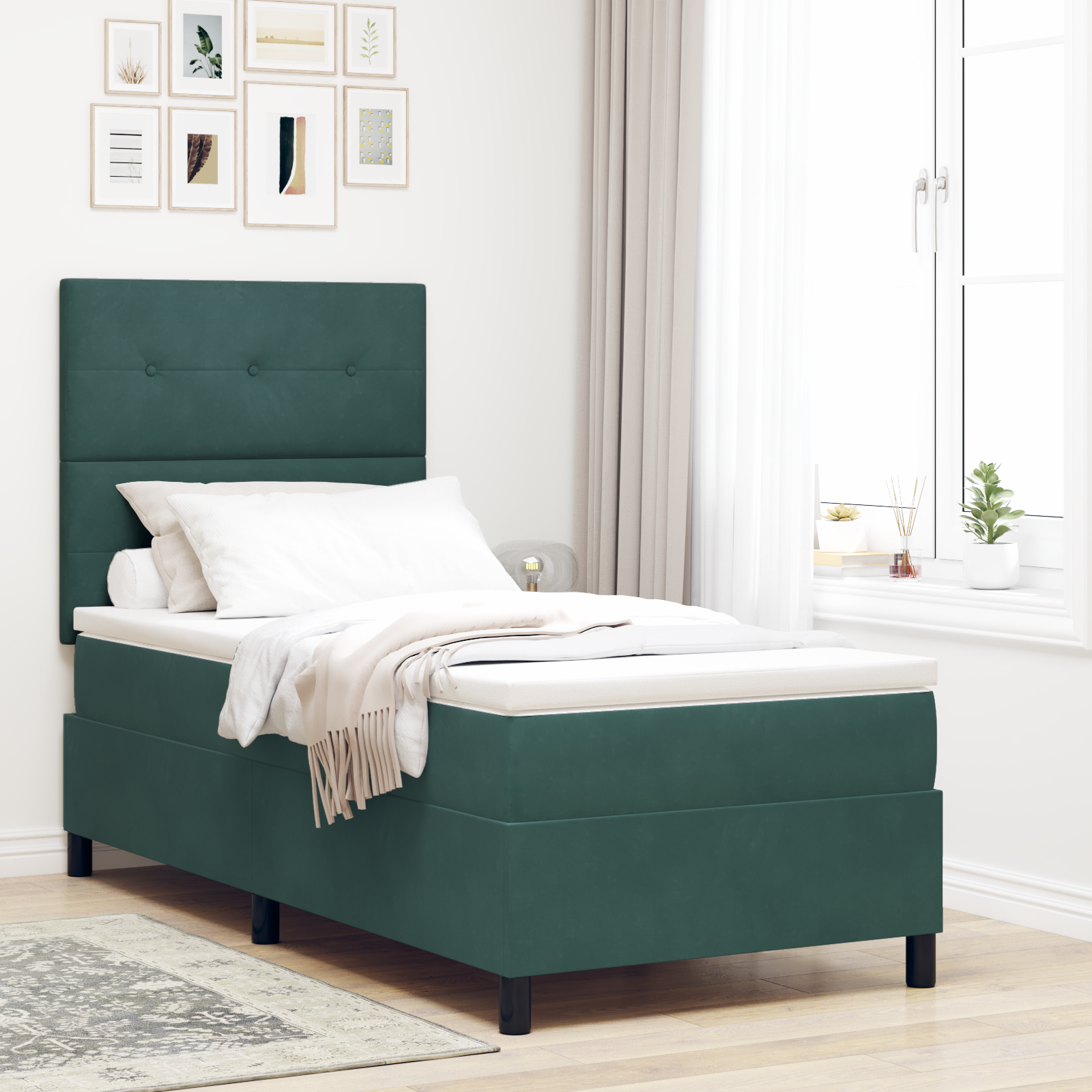 vidaXL Pat cu arcuri cu saltea Verde închis 90 x 200 cm Catifea vidaXL Pat cu arcuri cu saltea Verde închis 90 x 200 cm Catifea