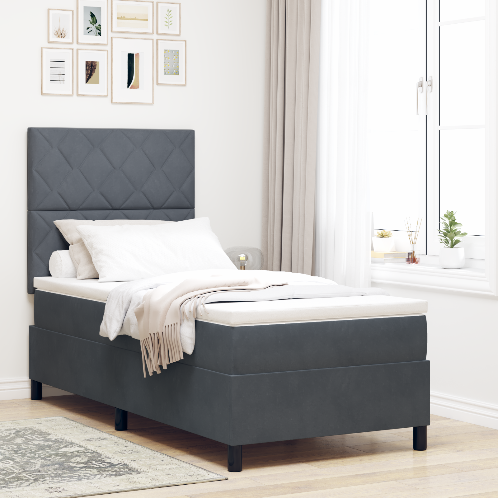 vidaXL Pat cu arcuri cu saltea Gri închis 90 x 190 cm Catifea vidaXL Pat cu arcuri cu saltea Gri închis 90 x 190 cm Catifea