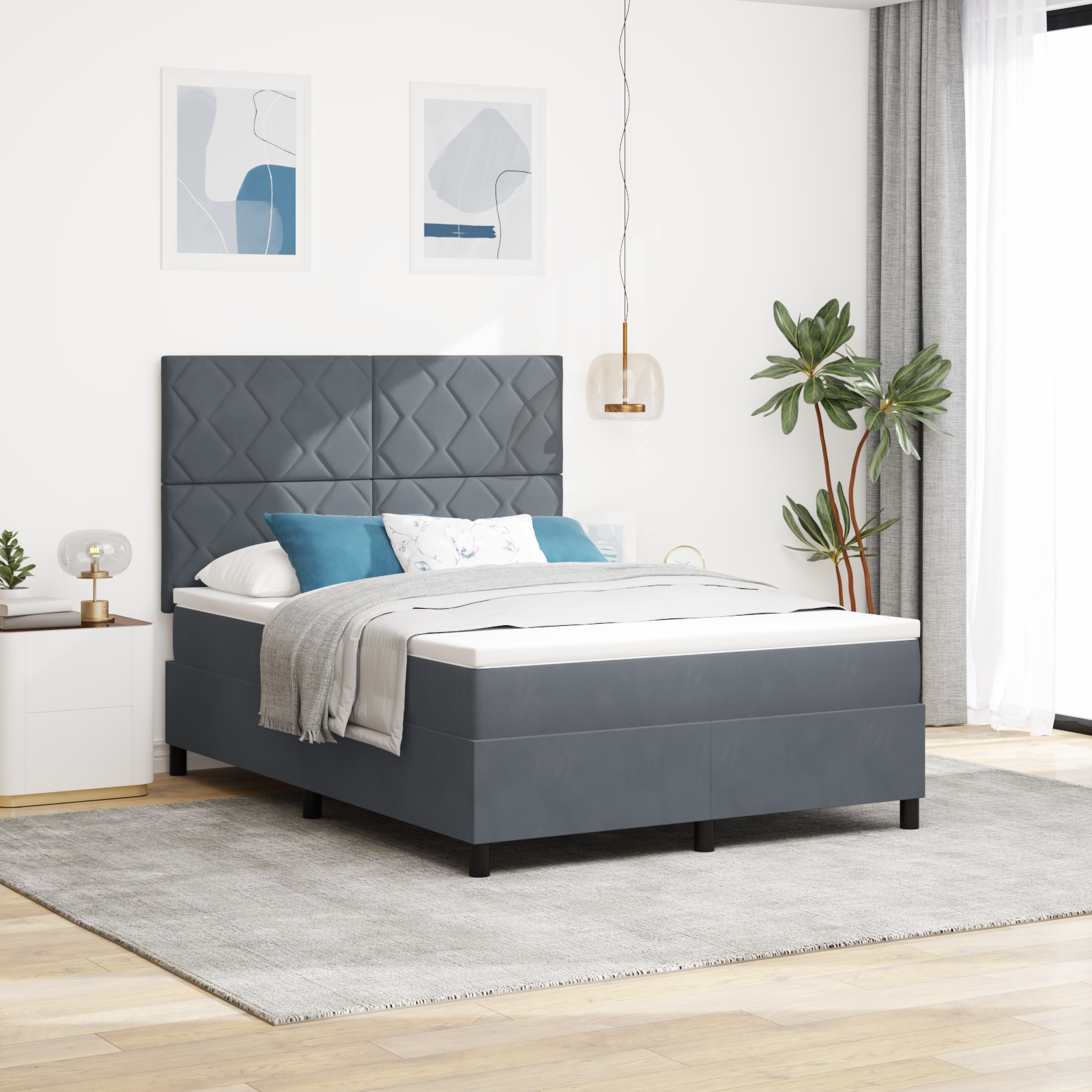 vidaXL Pat cu arcuri cu saltea Gri închis 160 x 200 cm Catifea vidaXL Pat cu arcuri cu saltea Gri închis 160 x 200 cm Catifea