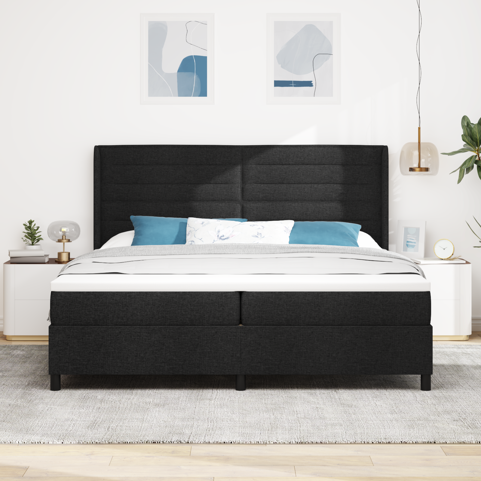 vidaXL Pat cu arcuri cu saltea Negru 200 x 200 cm țesătură vidaXL Pat cu arcuri cu saltea Negru 200 x 200 cm țesătură