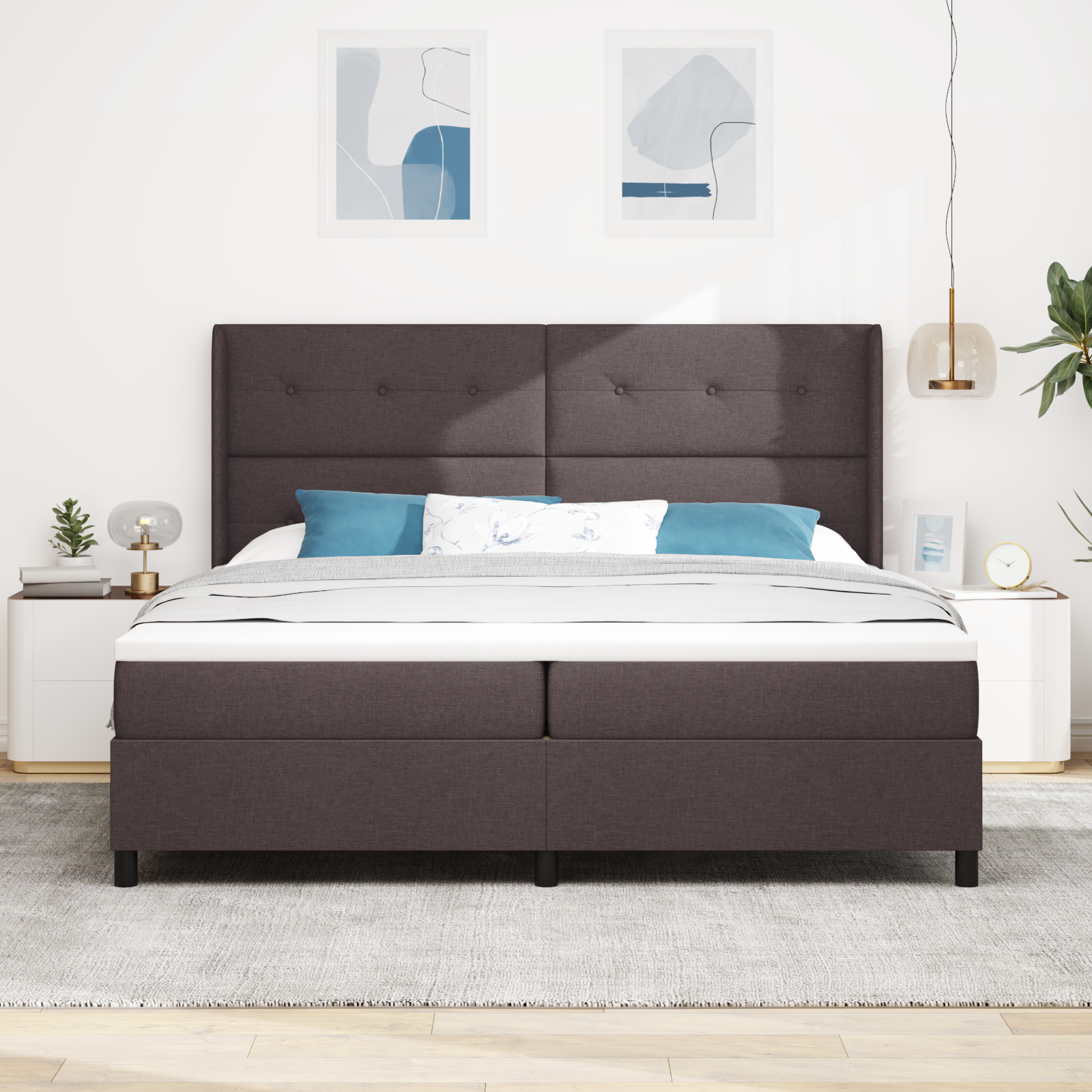 vidaXL Pat cu arcuri cu saltea Maro închis 200 x 200 cm țesătură vidaXL Pat cu arcuri cu saltea Maro închis 200 x 200 cm țesătură