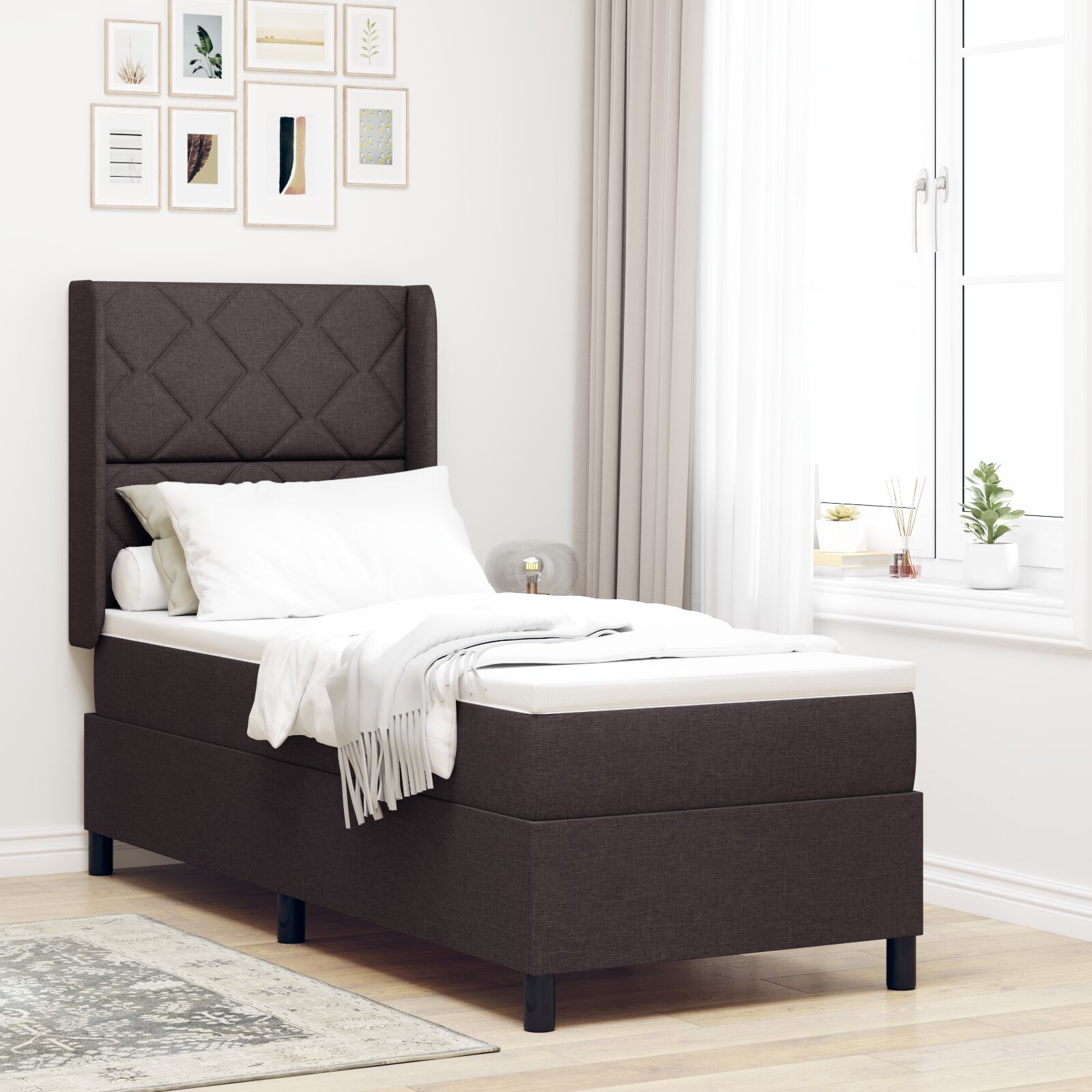 vidaXL Pat cu arcuri cu saltea Maro închis 90 x 190 cm țesătură vidaXL Pat cu arcuri cu saltea Maro închis 90 x 190 cm țesătură