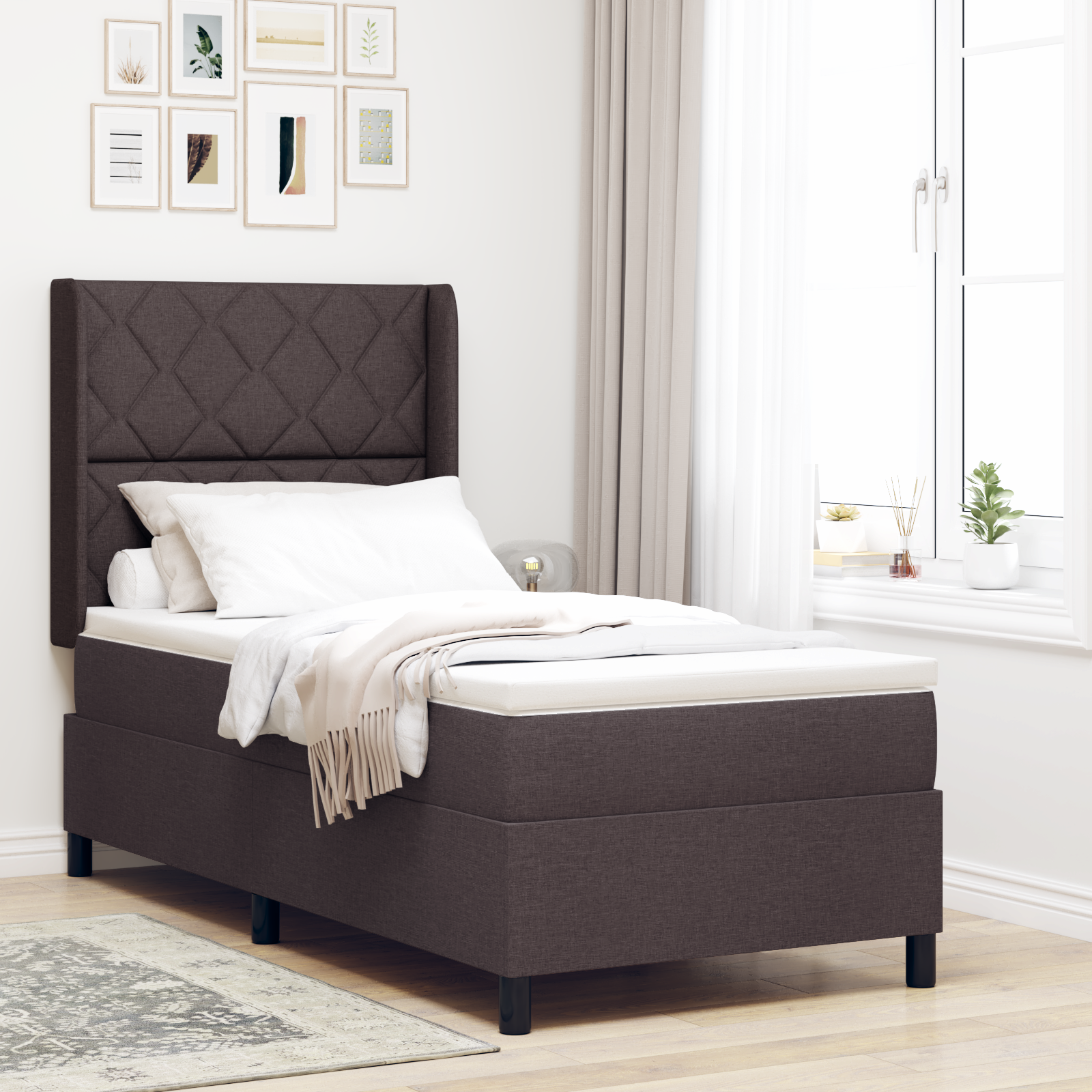 vidaXL Pat cu arcuri cu saltea Maro închis 90 x 200 cm țesătură vidaXL Pat cu arcuri cu saltea Maro închis 90 x 200 cm țesătură