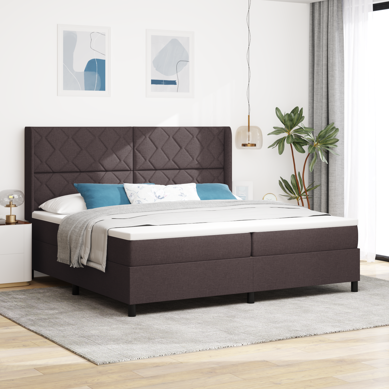 vidaXL Pat cu arcuri cu saltea Maro închis 200 x 200 cm țesătură vidaXL Pat cu arcuri cu saltea Maro închis 200 x 200 cm țesătură