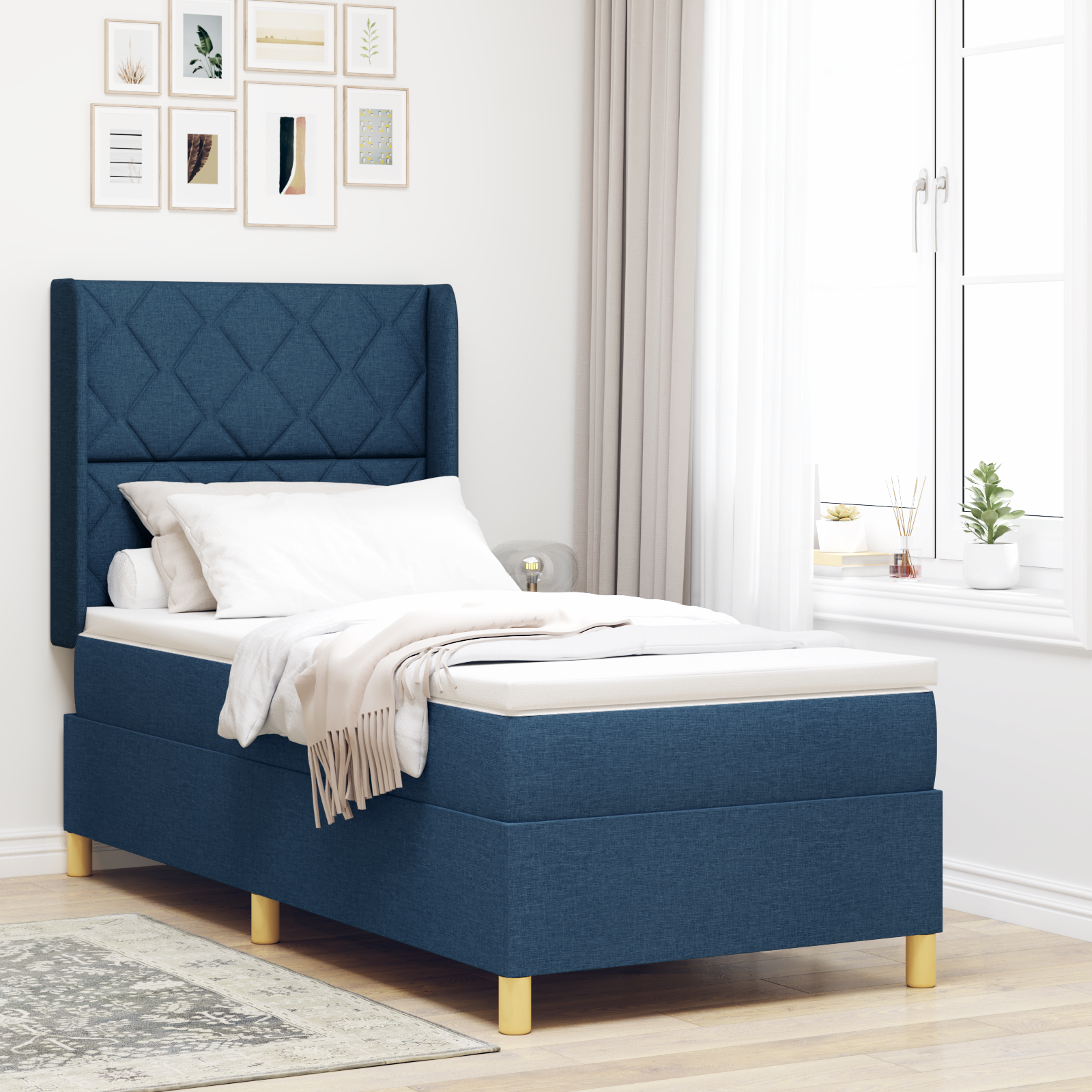 Pat cu somieră vidaXL cu saltea și LED albastru 100x200 cm din țesătură Pat cu somieră vidaXL cu saltea și LED albastru 100x200 cm din țesătură