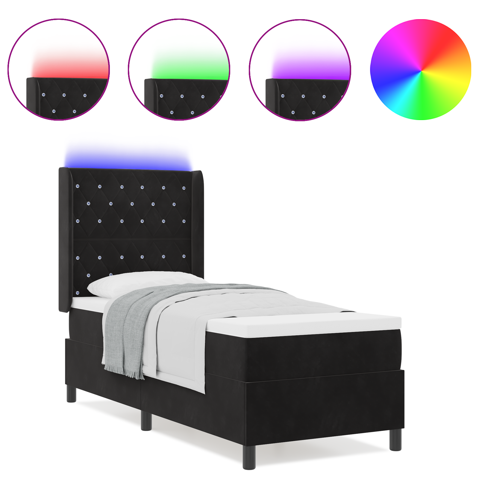 vidaXL Pat cu boxă spring LED și saltea Negru 80 x 200 cm Catifea vidaXL Pat cu boxă spring LED și saltea Negru 80 x 200 cm Catifea