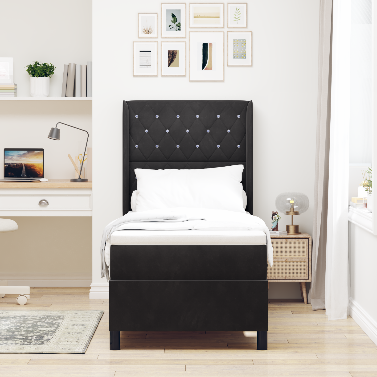 vidaXL Pat cu boxă spring LED și saltea Negru 80 x 200 cm Catifea vidaXL Pat cu boxă spring LED și saltea Negru 80 x 200 cm Catifea