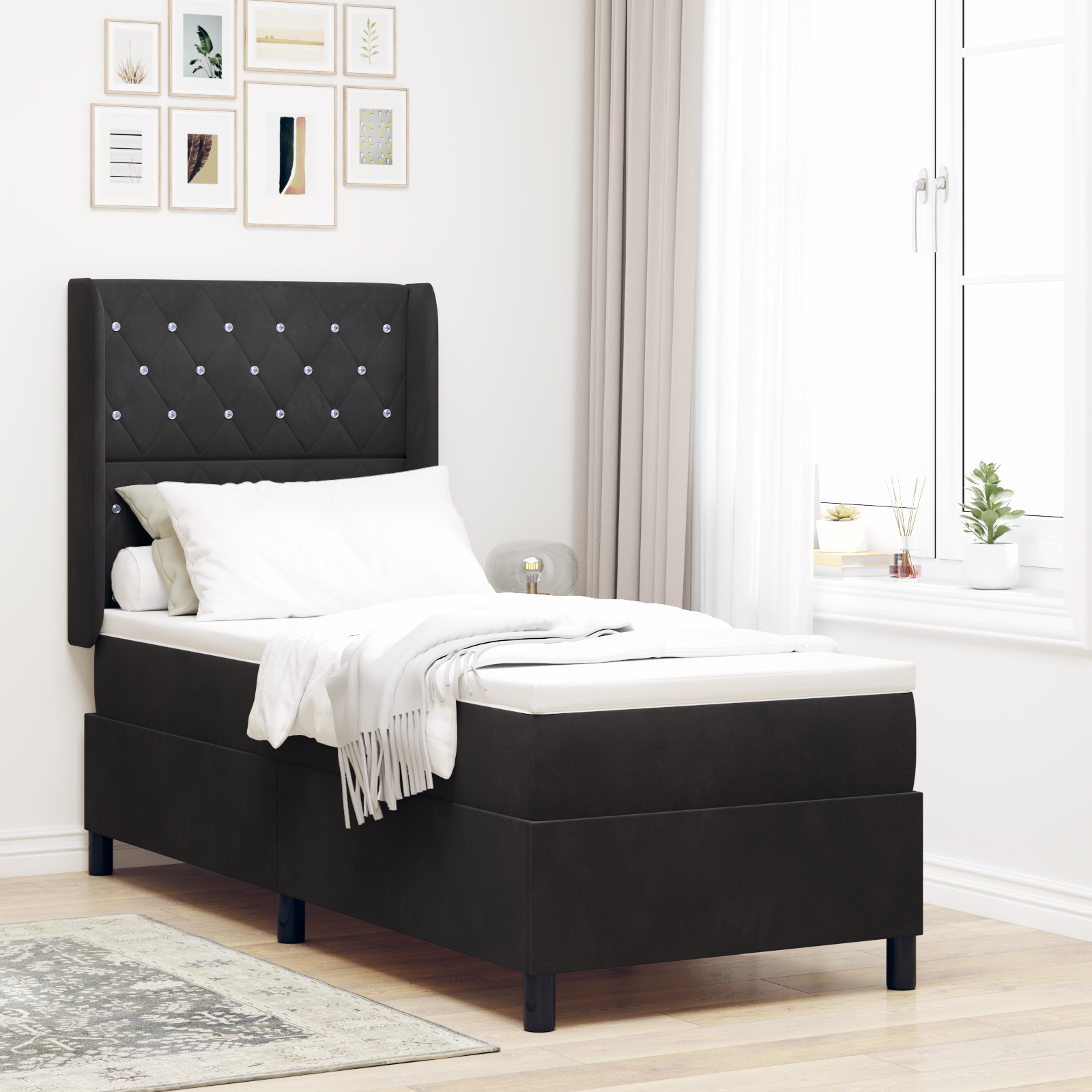 vidaXL Pat cu boxă spring LED și saltea Negru 80 x 200 cm Catifea vidaXL Pat cu boxă spring LED și saltea Negru 80 x 200 cm Catifea