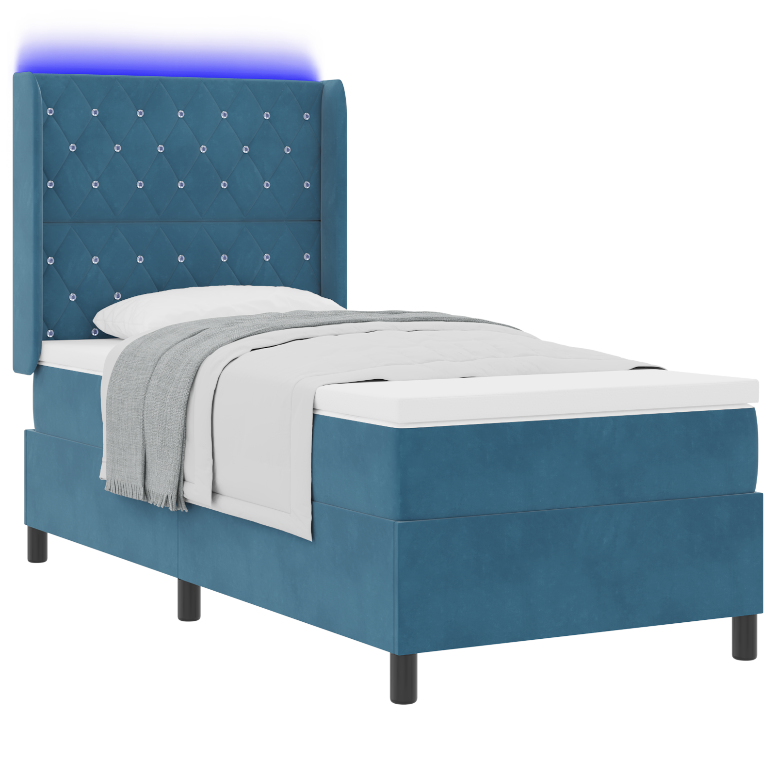 vidaXL Pat cu boxă spring LED și saltea albastru 90 x 190 cm Catifea vidaXL Pat cu boxă spring LED și saltea albastru 90 x 190 cm Catifea