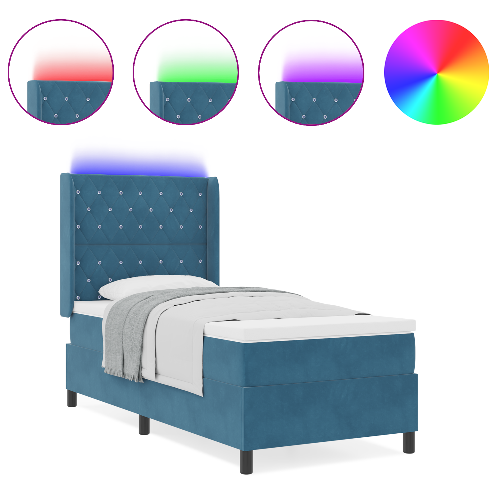 vidaXL Pat cu boxă spring LED și saltea albastru 90 x 190 cm Catifea vidaXL Pat cu boxă spring LED și saltea albastru 90 x 190 cm Catifea