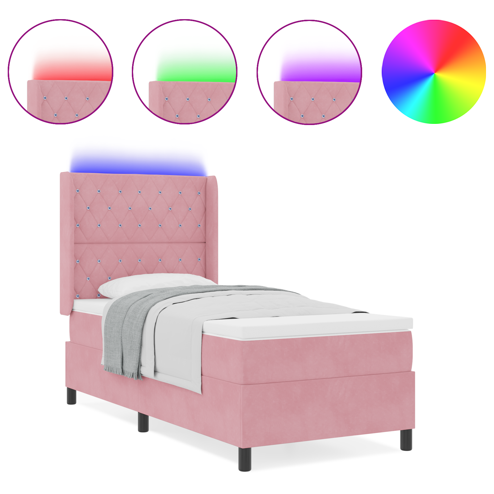 vidaXL Pat cu boxă spring LED și saltea Argyle Roz 90 x 190 cm Catifea vidaXL Pat cu boxă spring LED și saltea Argyle Roz 90 x 190 cm Catifea