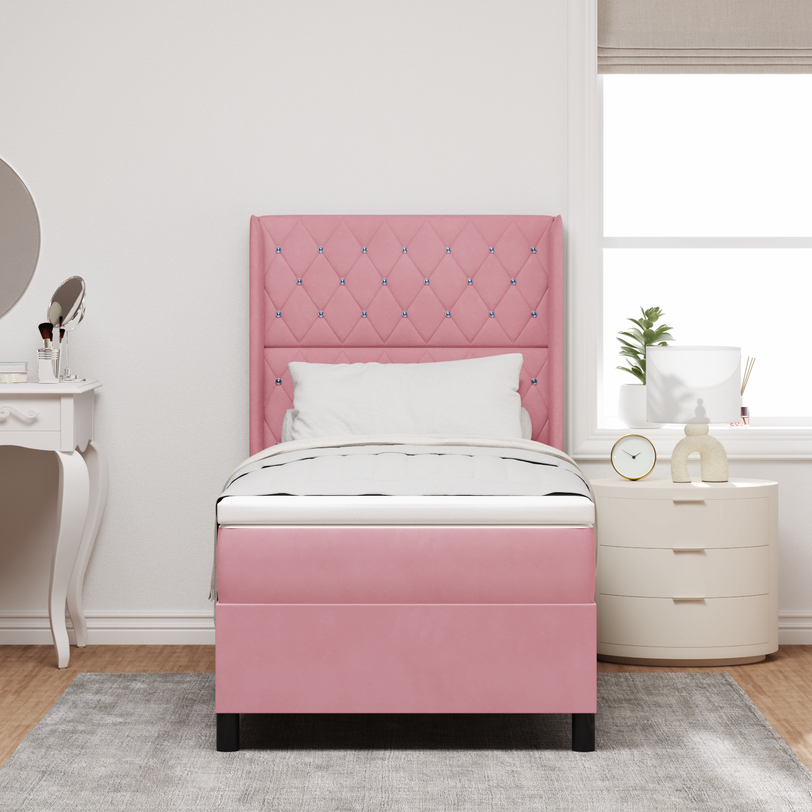 vidaXL Pat cu boxă spring LED și saltea Argyle Roz 90 x 190 cm Catifea vidaXL Pat cu boxă spring LED și saltea Argyle Roz 90 x 190 cm Catifea
