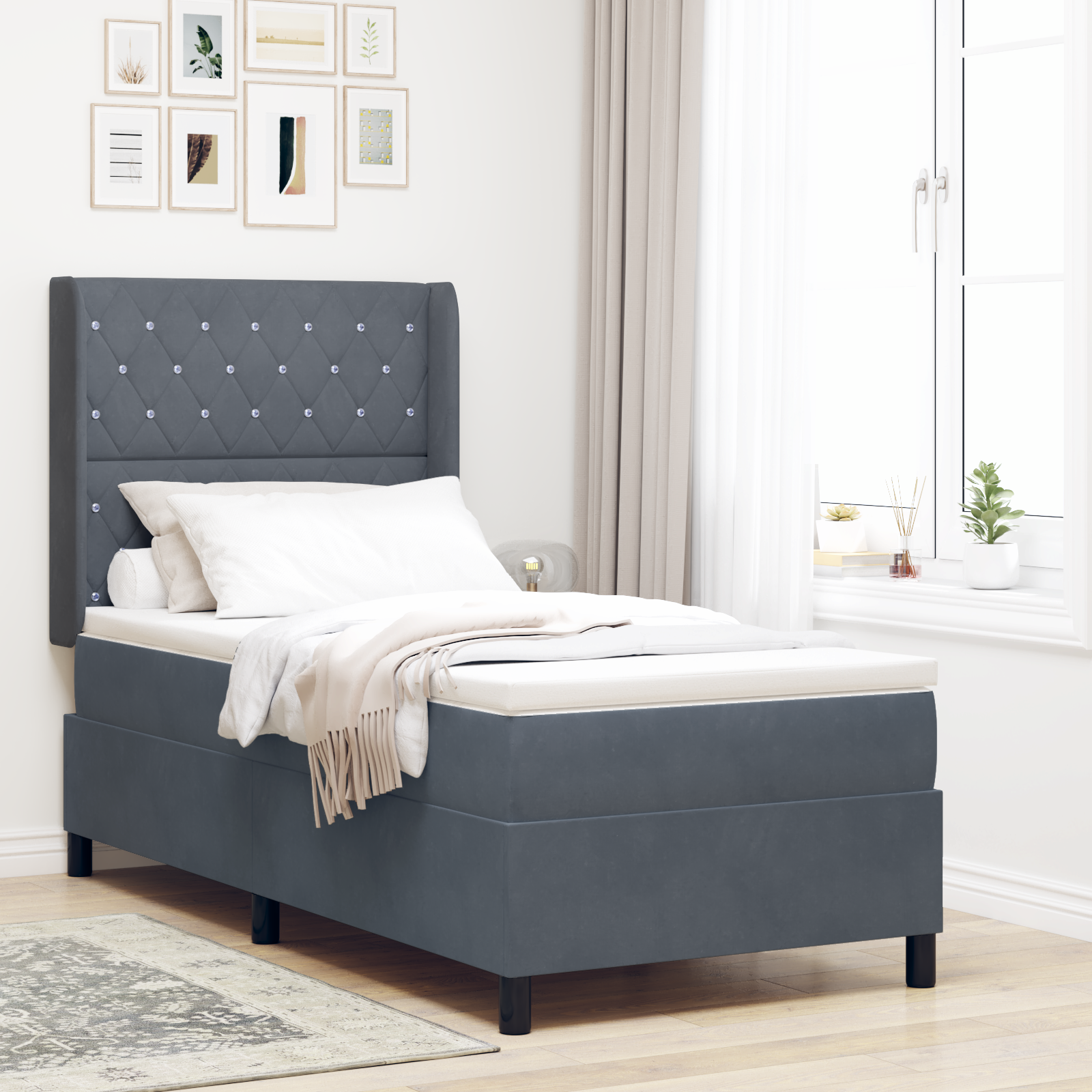 vidaXL Pat cu boxă spring LED și saltea Gri închis 90 x 200 cm Catifea