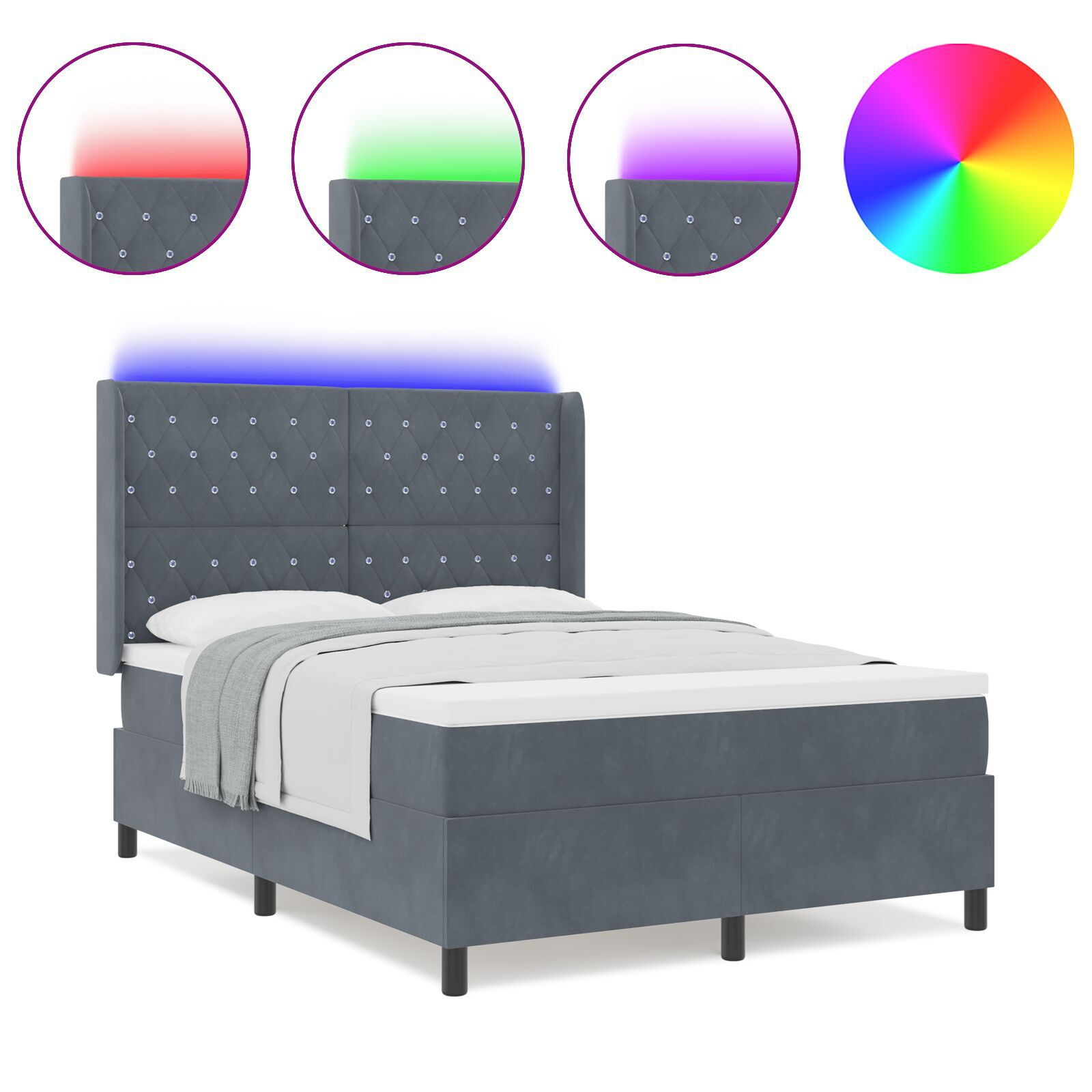 vidaXL Pat cu boxă spring LED și saltea Argyle Gri închis 140 x 190 cm vidaXL Pat cu boxă spring LED și saltea Argyle Gri închis 140 x 190 cm