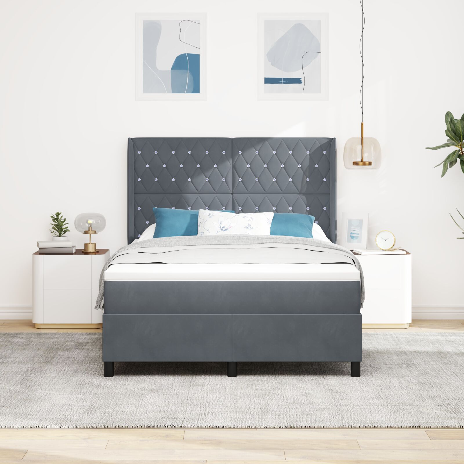 vidaXL Pat cu boxă spring LED și saltea Argyle Gri închis 140 x 190 cm vidaXL Pat cu boxă spring LED și saltea Argyle Gri închis 140 x 190 cm