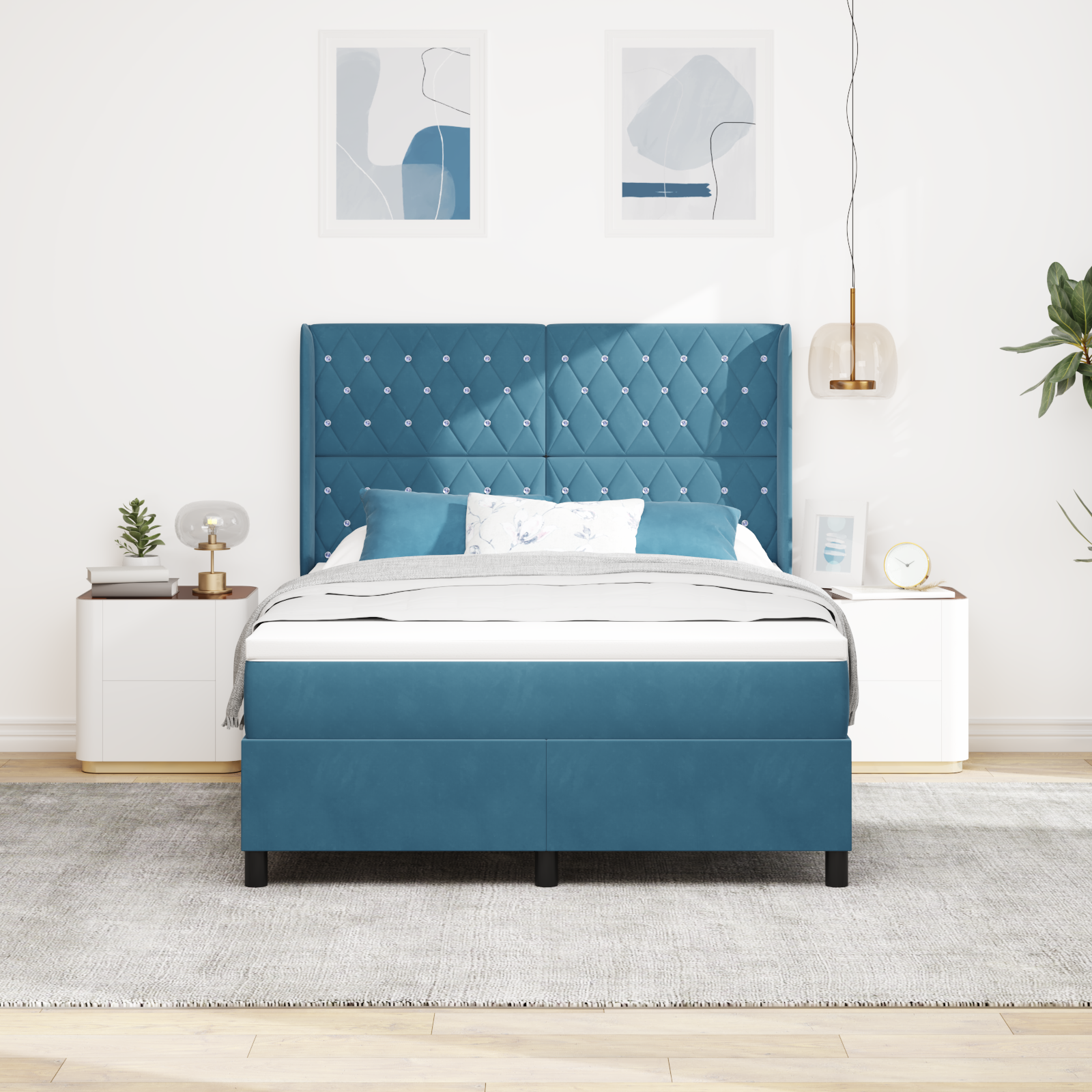 vidaXL Pat cu boxă spring LED și saltea albastru 140 x 190 cm Catifea vidaXL Pat cu boxă spring LED și saltea albastru 140 x 190 cm Catifea