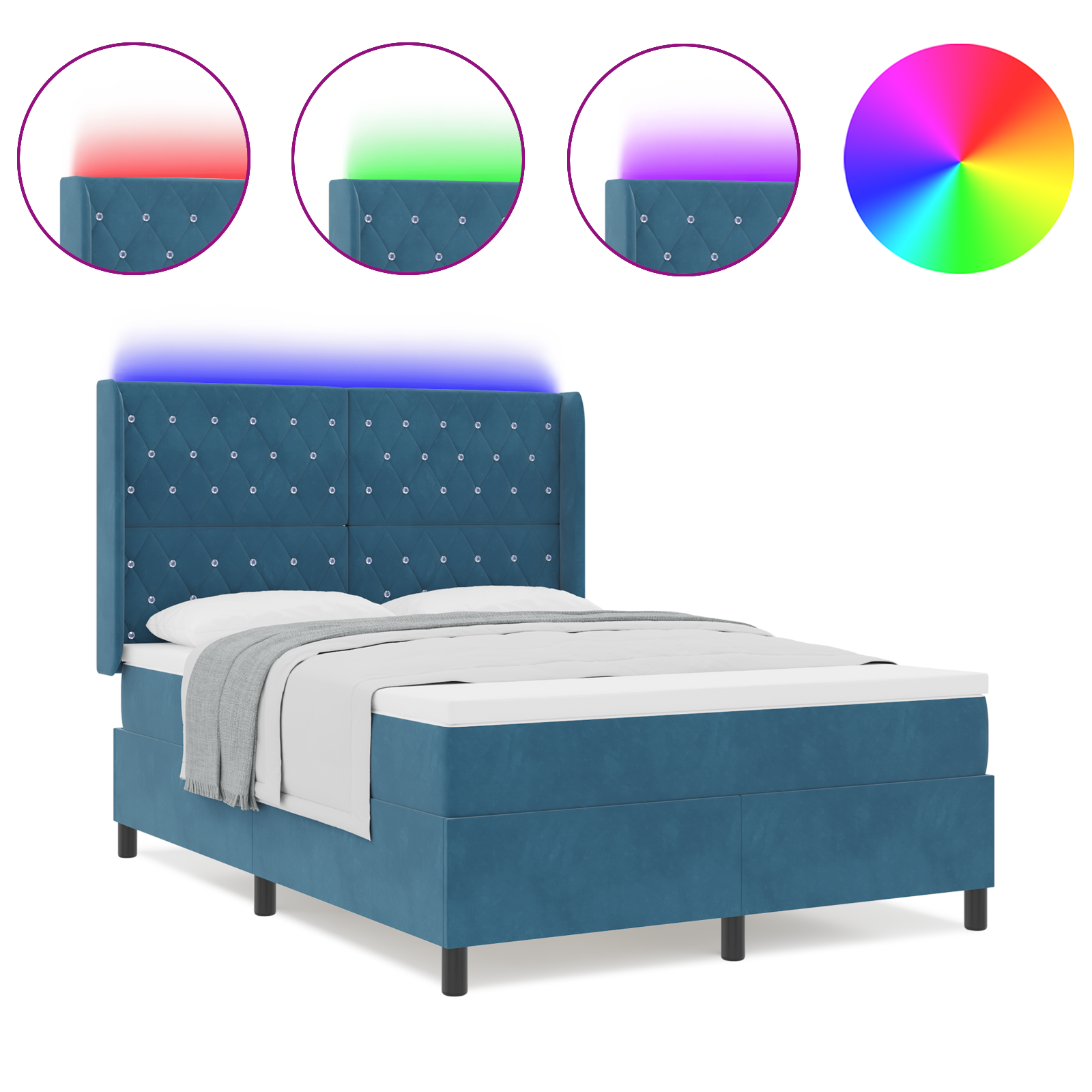 vidaXL Pat cu boxă spring LED și saltea albastru 140 x 200 cm Catifea vidaXL Pat cu boxă spring LED și saltea albastru 140 x 200 cm Catifea