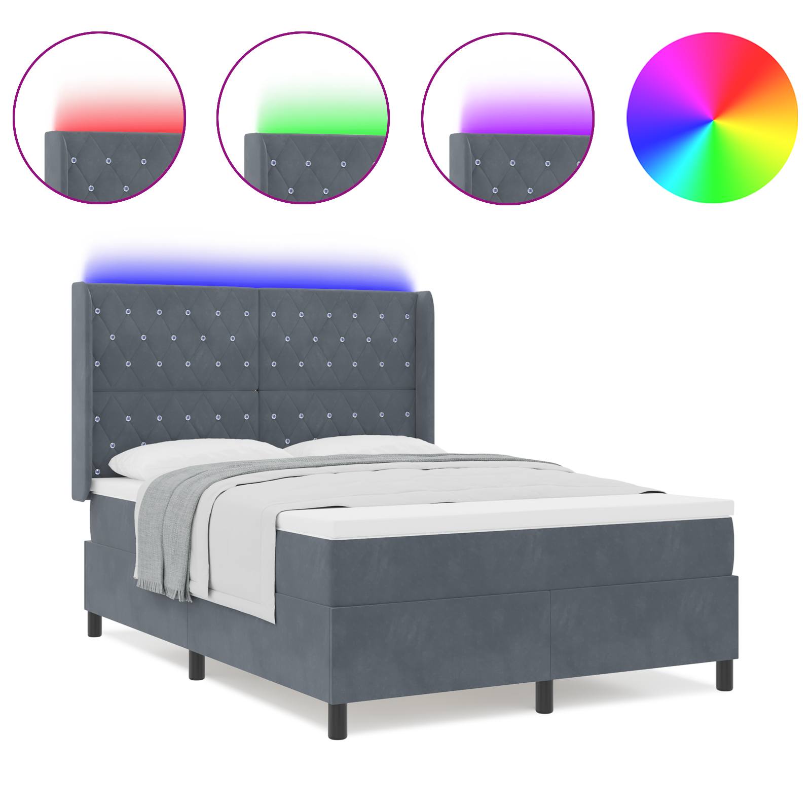 vidaXL Pat cu boxă spring LED și saltea Argyle Gri închis 160 x 200 cm vidaXL Pat cu boxă spring LED și saltea Argyle Gri închis 160 x 200 cm