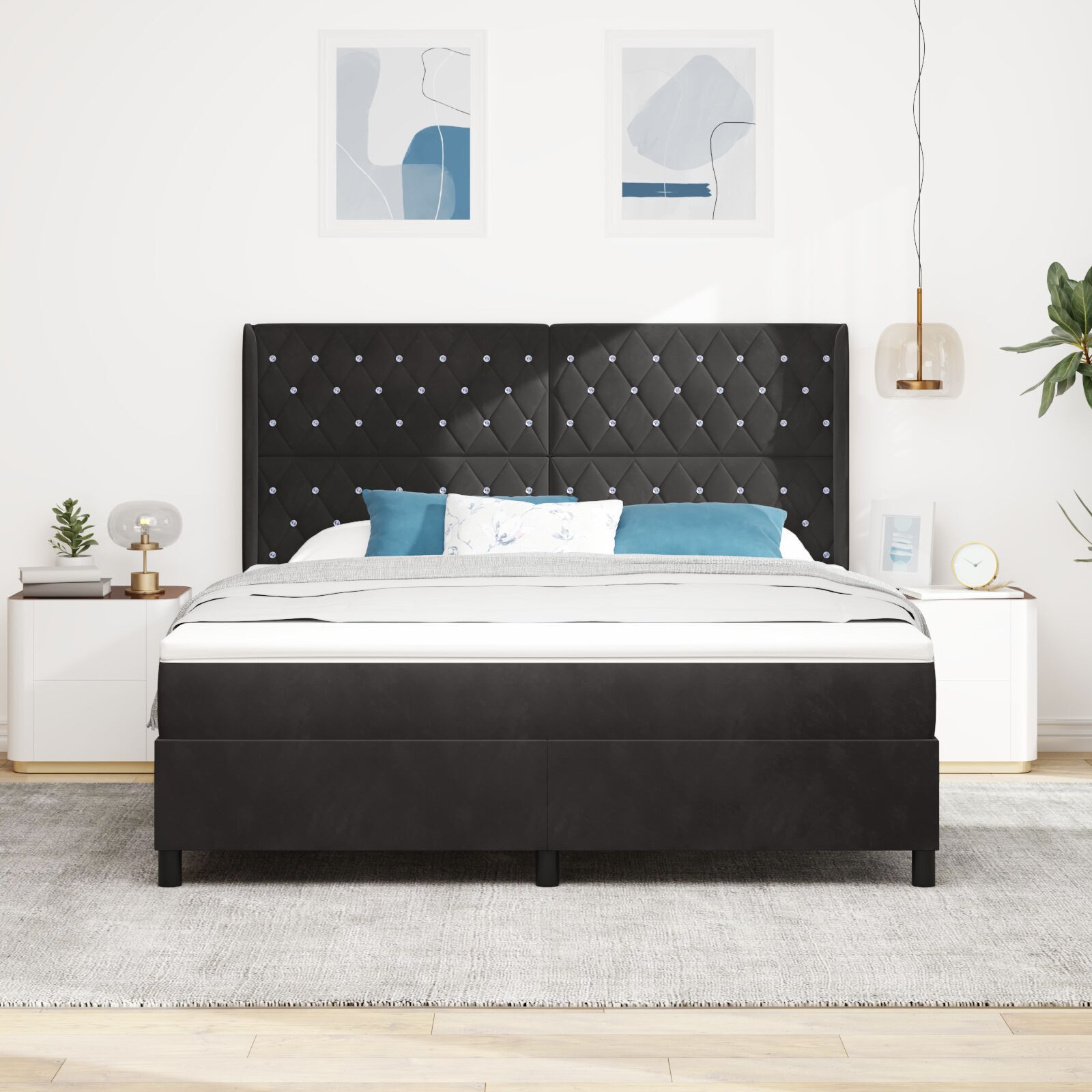 vidaXL Pat cu boxă spring LED și saltea Negru 180 x 200 cm Catifea vidaXL Pat cu boxă spring LED și saltea Negru 180 x 200 cm Catifea
