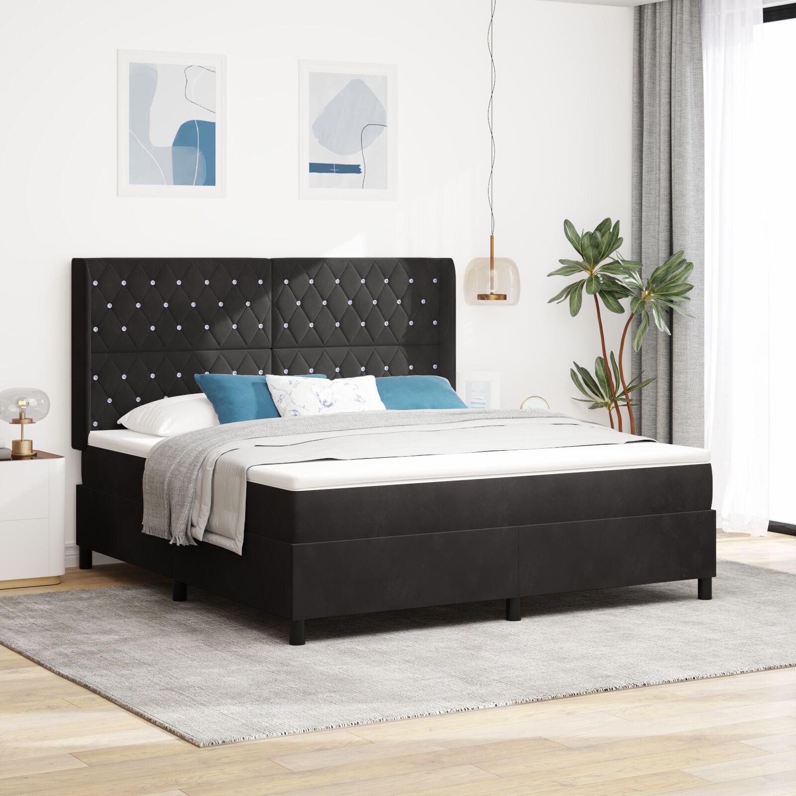 vidaXL Pat cu boxă spring LED și saltea Negru 180 x 200 cm Catifea vidaXL Pat cu boxă spring LED și saltea Negru 180 x 200 cm Catifea