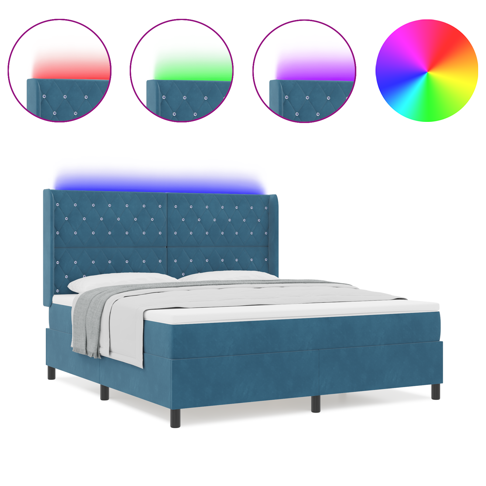 vidaXL Pat cu boxă spring LED și saltea albastru 180 x 200 cm Catifea vidaXL Pat cu boxă spring LED și saltea albastru 180 x 200 cm Catifea