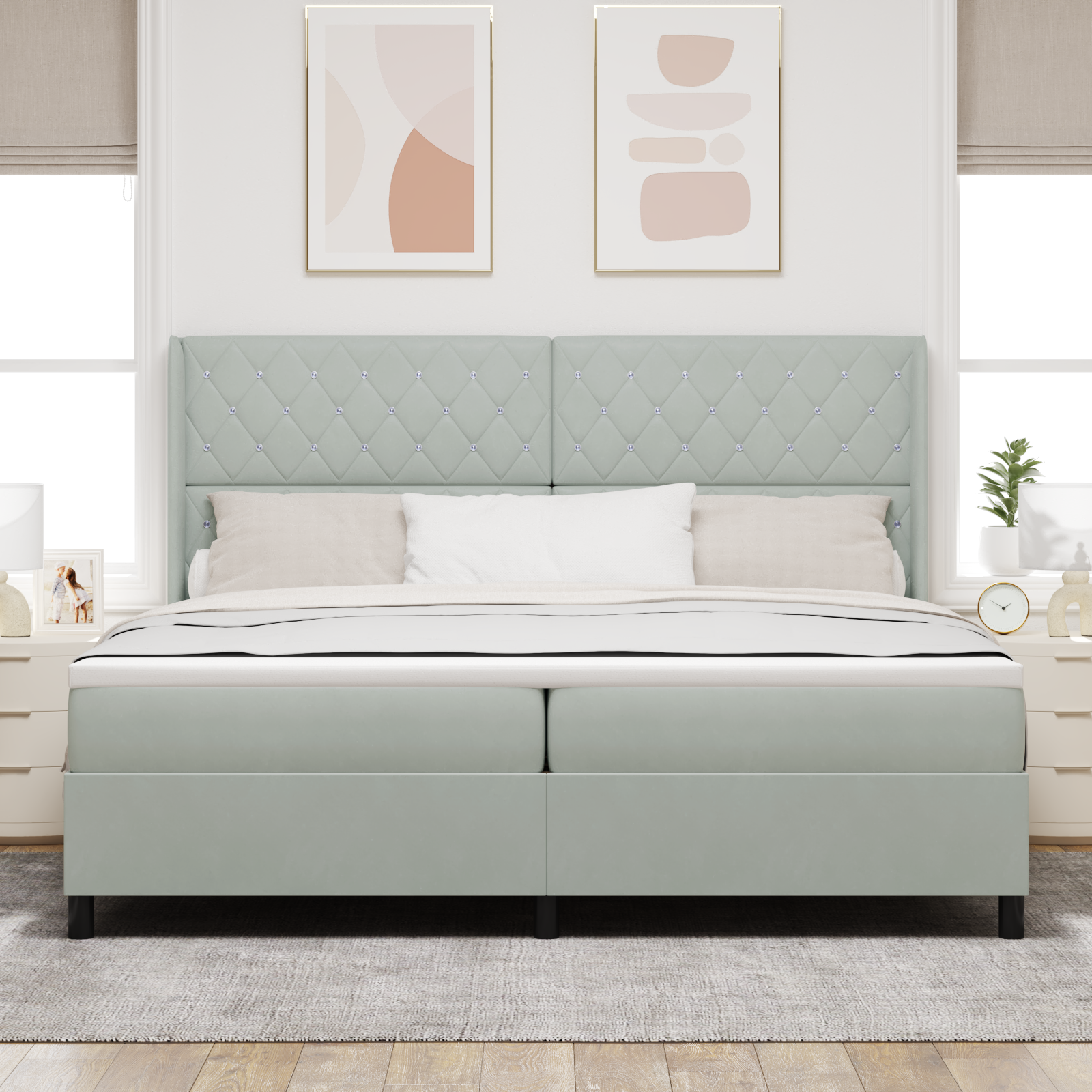 vidaXL Pat cu boxă spring LED și saltea Gri deschis 200 x 200 cm vidaXL Pat cu boxă spring LED și saltea Gri deschis 200 x 200 cm