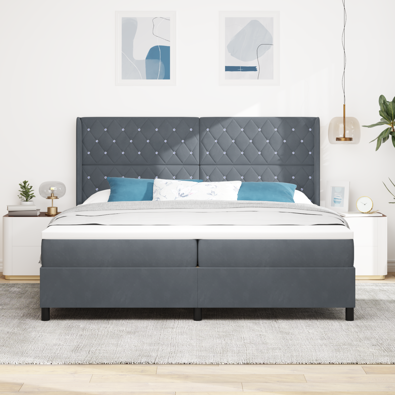 vidaXL Pat cu boxă spring LED și saltea Argyle Gri închis 200 x 200 cm