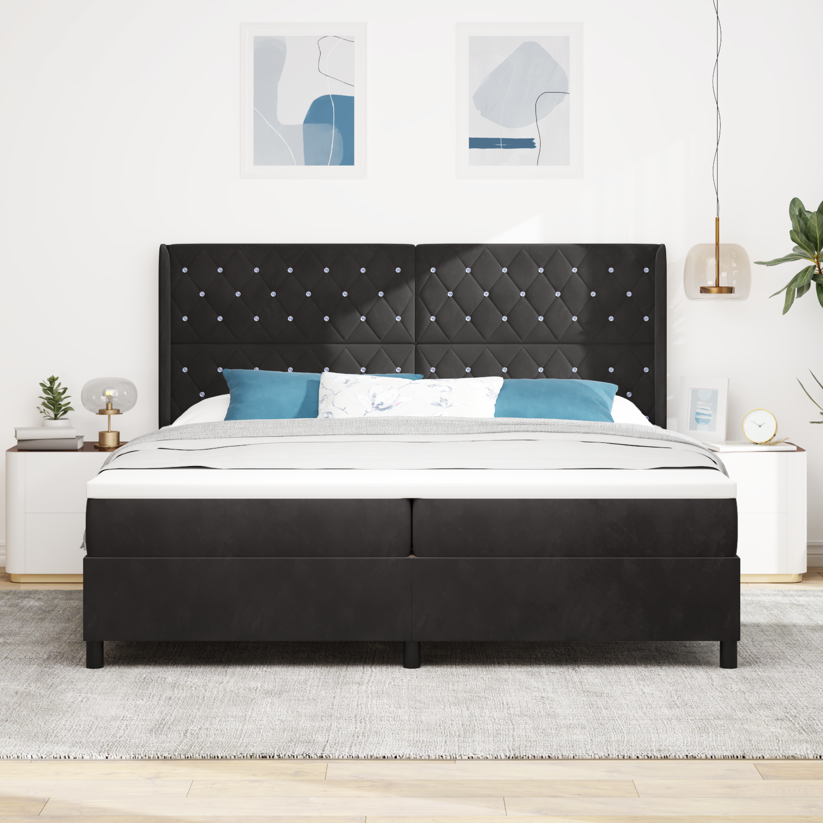 vidaXL Pat cu boxă spring LED și saltea Negru 200 x 200 cm Catifea vidaXL Pat cu boxă spring LED și saltea Negru 200 x 200 cm Catifea