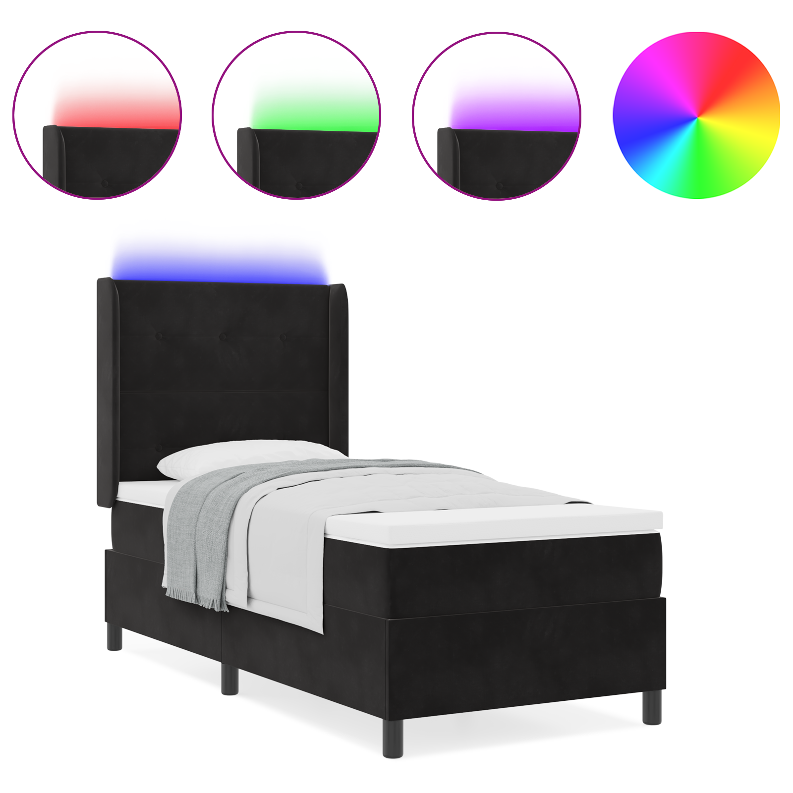 vidaXL Pat cu boxă spring LED și saltea Negru 80 x 200 cm Catifea vidaXL Pat cu boxă spring LED și saltea Negru 80 x 200 cm Catifea