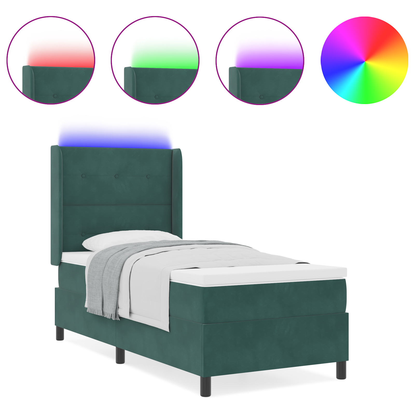 vidaXL Pat cu boxă spring LED și saltea Verde închis 90 x 200 cm