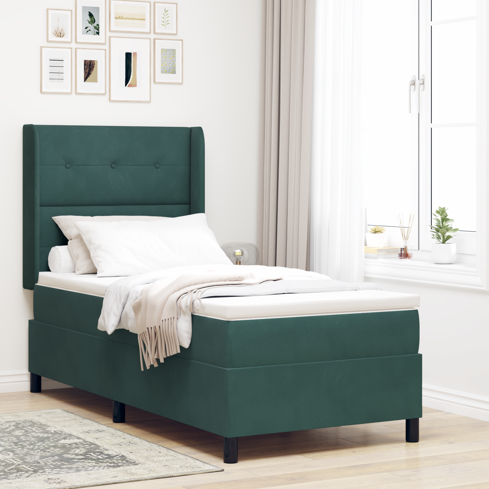 vidaXL Pat cu boxă spring LED și saltea Verde închis 90 x 200 cm