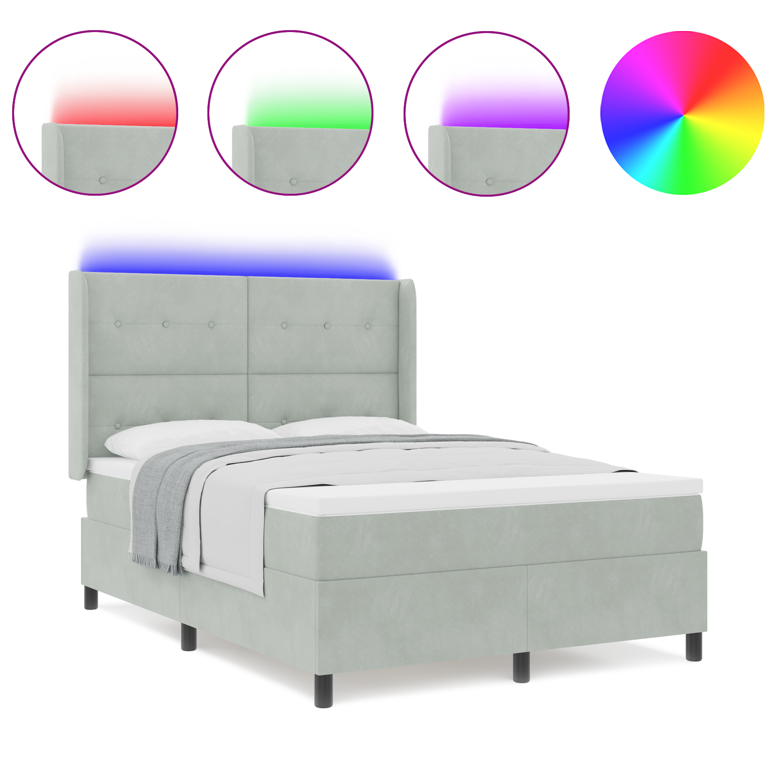 vidaXL Pat cu boxă spring LED și saltea Gri deschis 140 x 200 cm vidaXL Pat cu boxă spring LED și saltea Gri deschis 140 x 200 cm