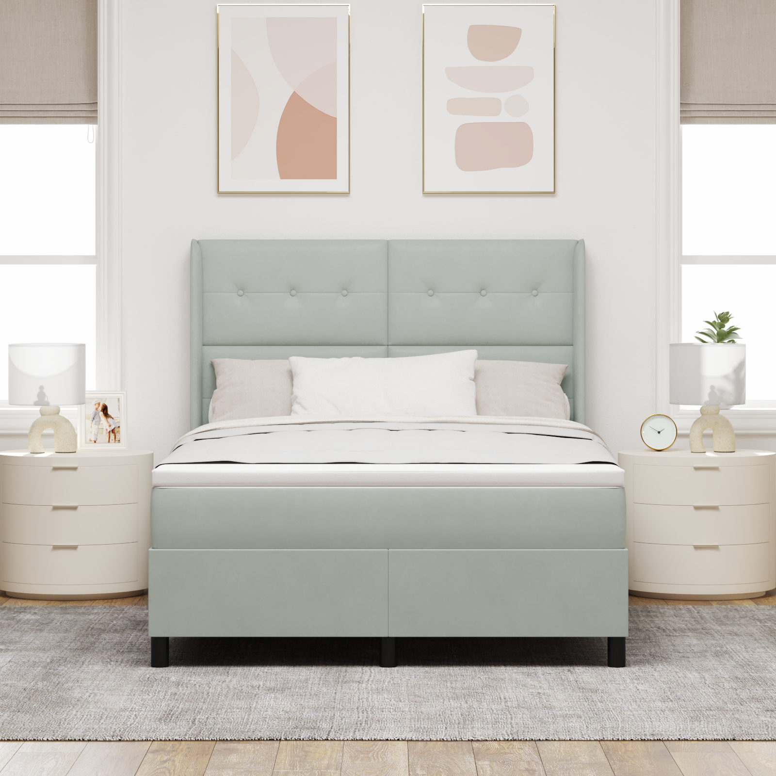 vidaXL Pat cu boxă spring LED și saltea Gri deschis 140 x 200 cm vidaXL Pat cu boxă spring LED și saltea Gri deschis 140 x 200 cm
