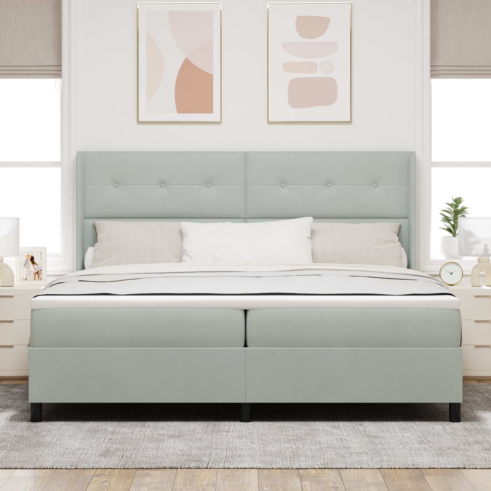 vidaXL Pat cu boxă spring LED și saltea Gri deschis 200 x 200 cm