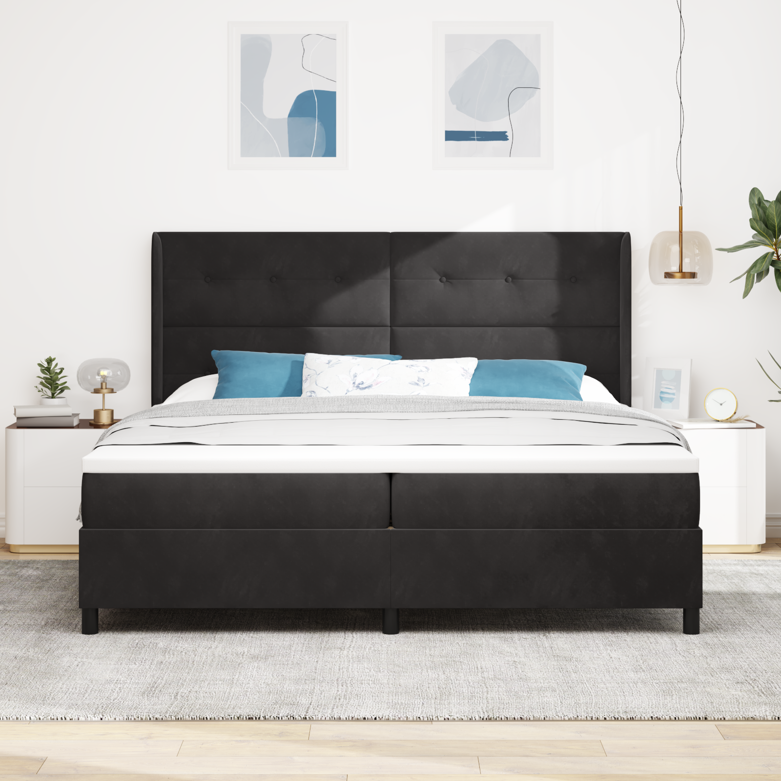 vidaXL Pat cu boxă spring LED și saltea Negru 200 x 200 cm Catifea
