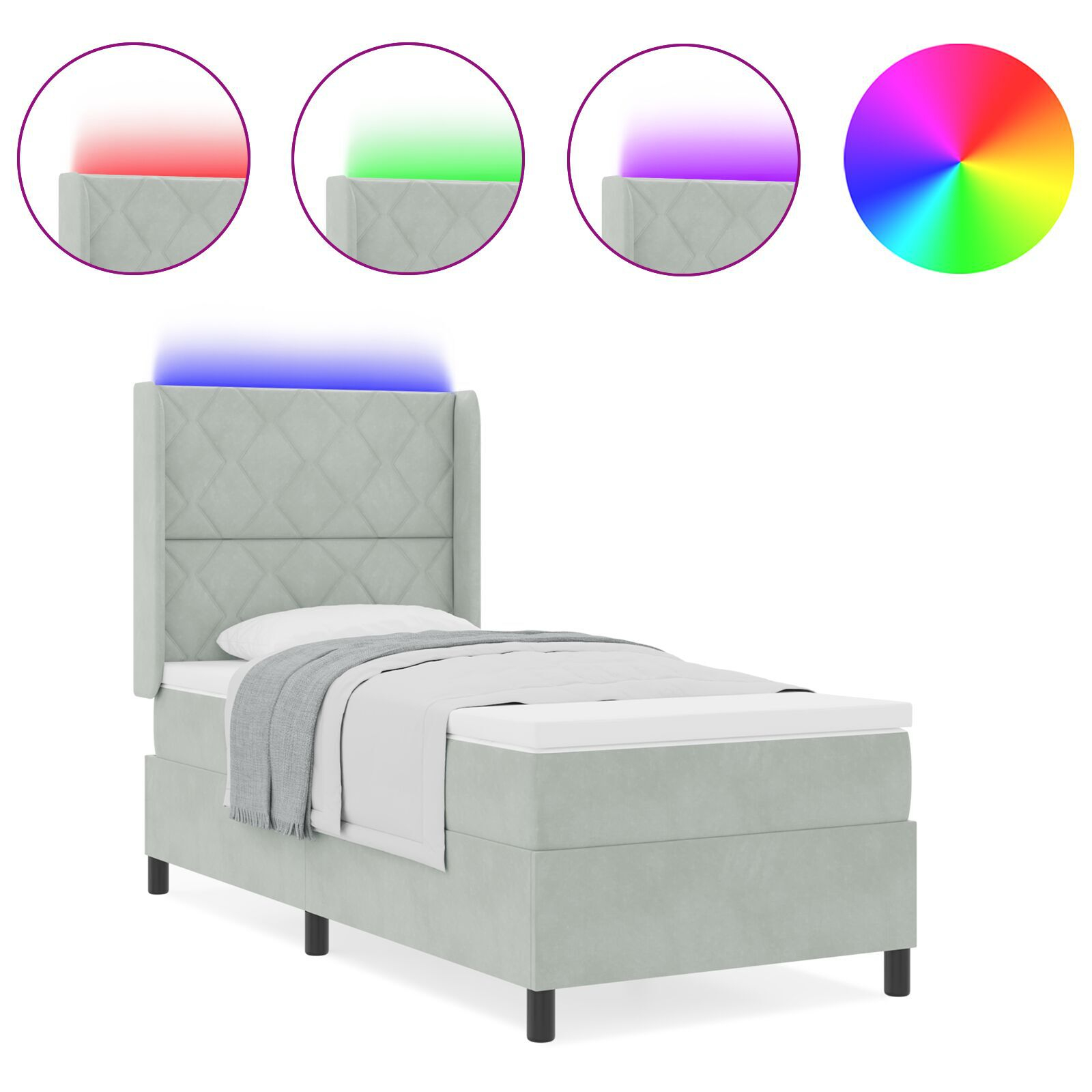 vidaXL Pat cu boxă spring LED și saltea Gri deschis 100 x 200 cm vidaXL Pat cu boxă spring LED și saltea Gri deschis 100 x 200 cm