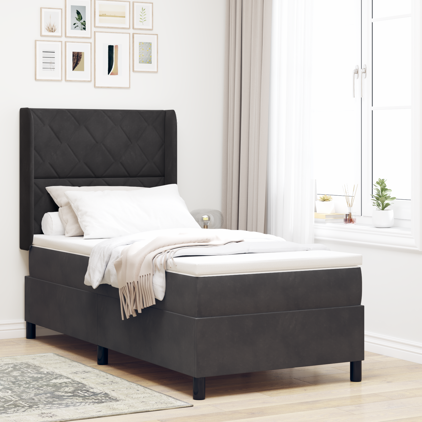 vidaXL Pat cu boxă spring LED și saltea Negru 100 x 200 cm Catifea