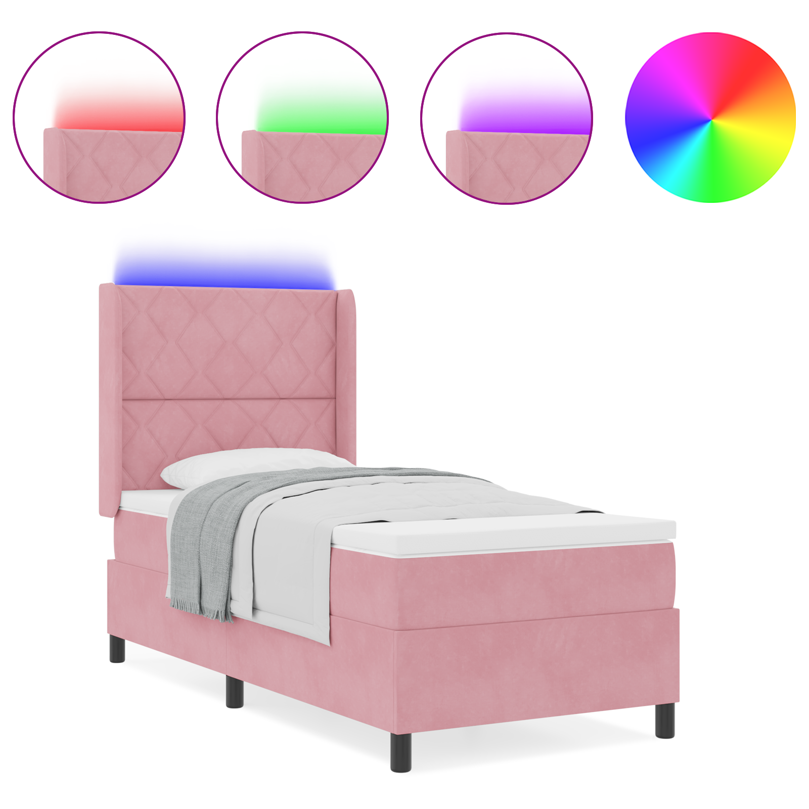 vidaXL Pat cu boxă spring LED și saltea Roz 100 x 200 cm Catifea vidaXL Pat cu boxă spring LED și saltea Roz 100 x 200 cm Catifea