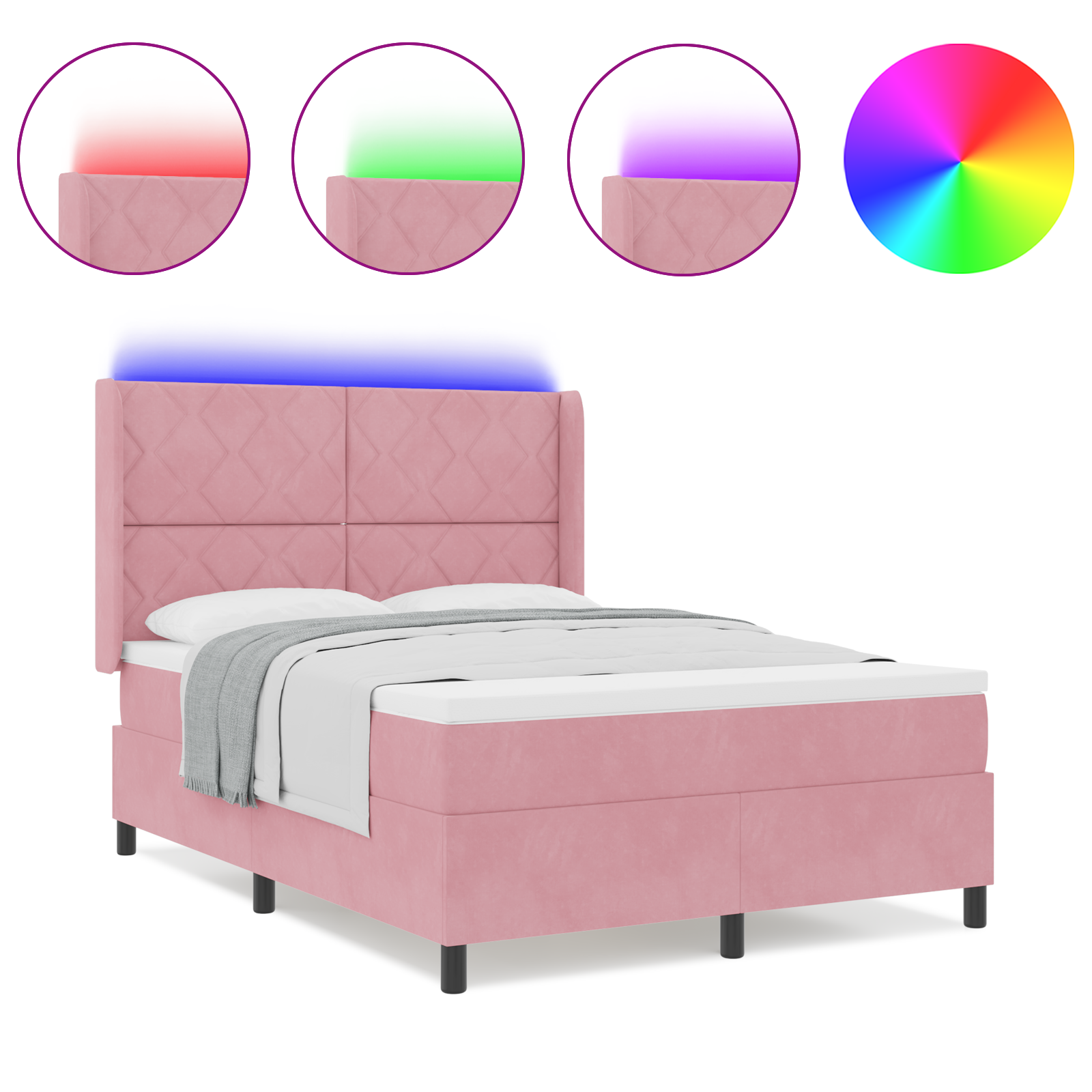 vidaXL Pat cu boxă spring LED și saltea Roz 140 x 200 cm Catifea vidaXL Pat cu boxă spring LED și saltea Roz 140 x 200 cm Catifea